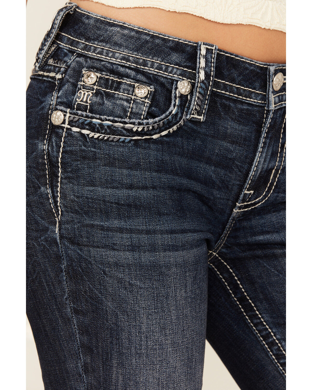 Miss Me Women's Dark Wash Mid Rise Whip Stitch Pocket Bootcut Stretch Denim Jeans