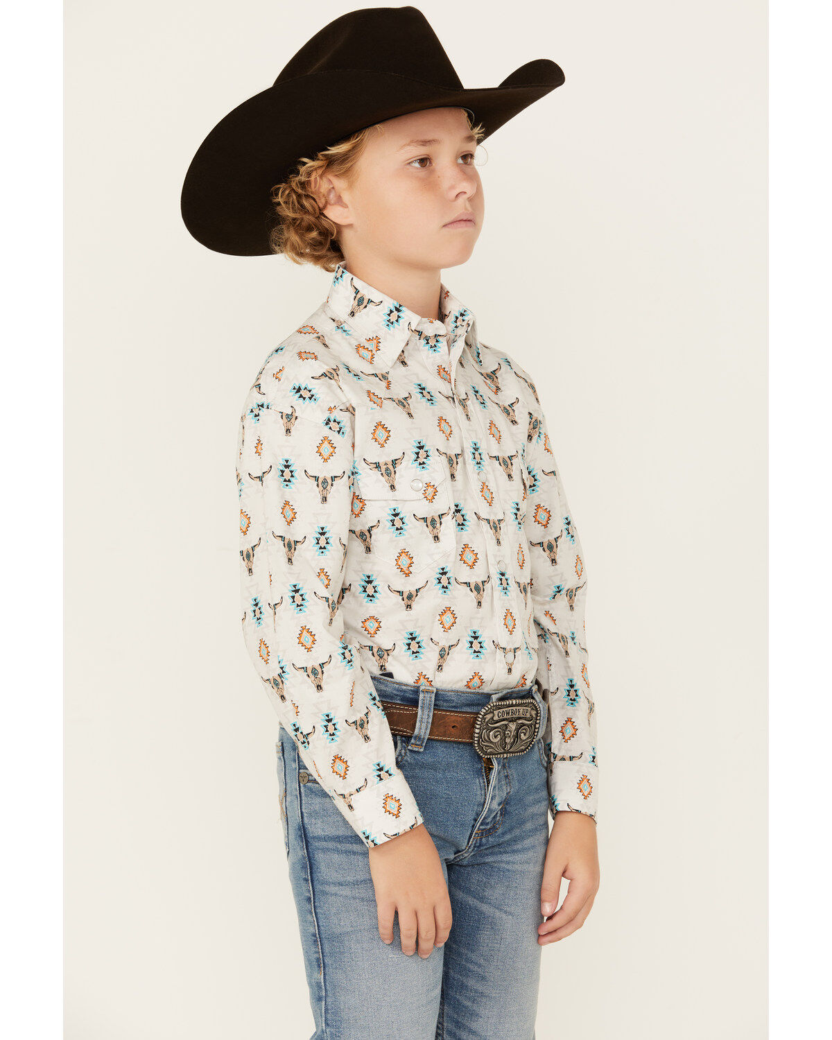 Rock & Roll Denim Boys' Steer Head Southwestern Print Long Sleeve Pearl Snap Stretch Western Shirt