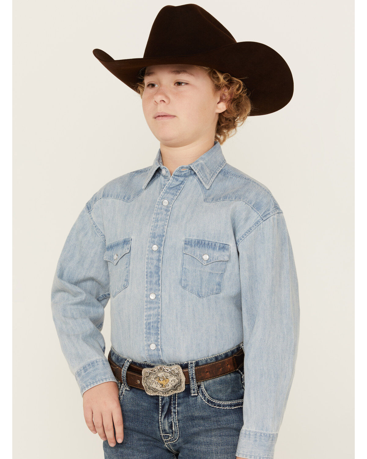 Rock & Roll Denim Boys' Light Wash Denim Long Sleeve Pearl Snap Western Shirt
