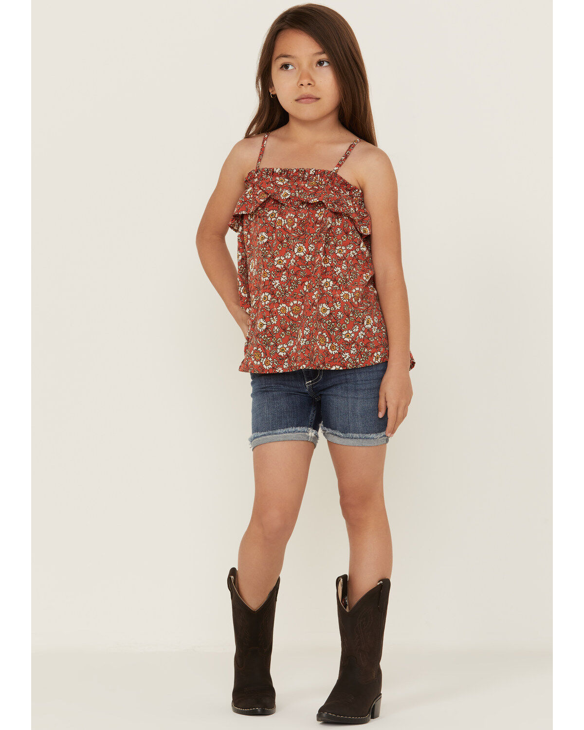 Hayden Girls' Floral Print Coral Ruffle Top