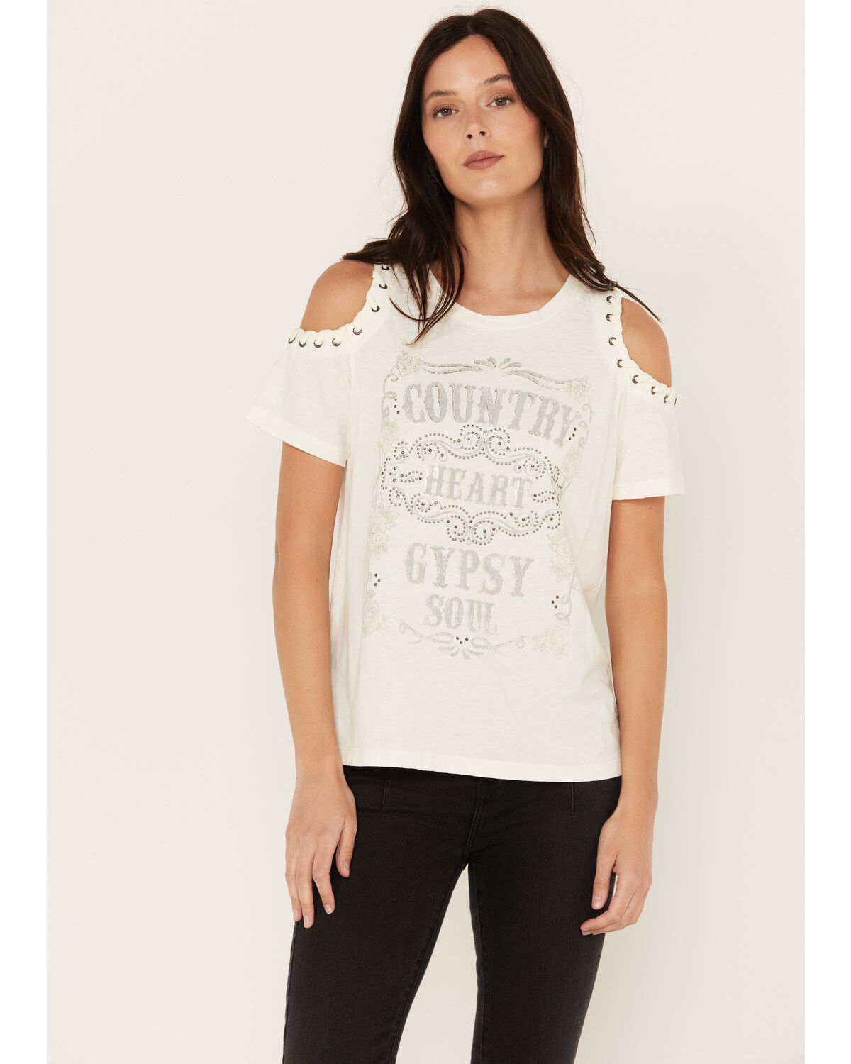 Blended Women's Cold Shoulder Country Heart Short Sleeve Graphic Tee