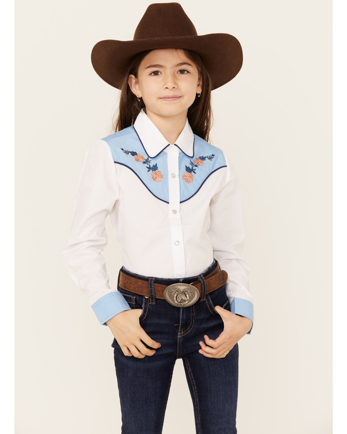 Ely Walker Girls' Embroidered Yoke Solid Long Sleeve Pearl Snap Western Shirt