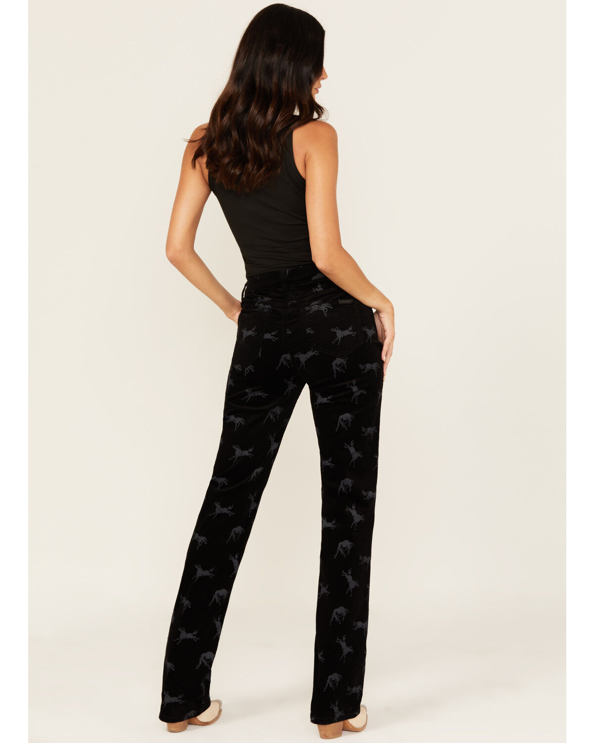 Rock & Roll Denim Women's High Rise Horse Print Modest Bootcut Stretch Corduroy Jeans