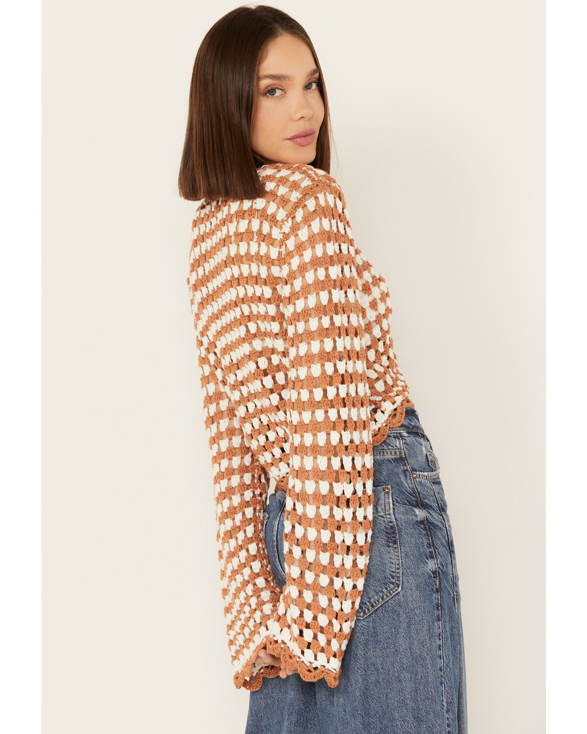 Rock & Roll Denim Women's Crochet Tie Front Long Sleeve Top