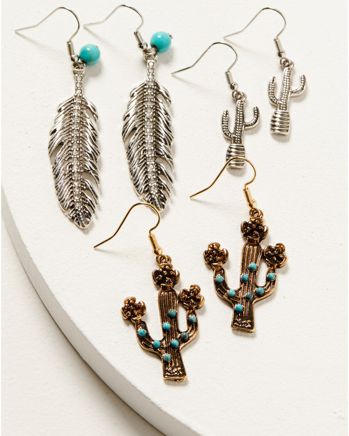 Shyanne Women's Feather & Cactus Bead Earrings Set - 3-Piece
