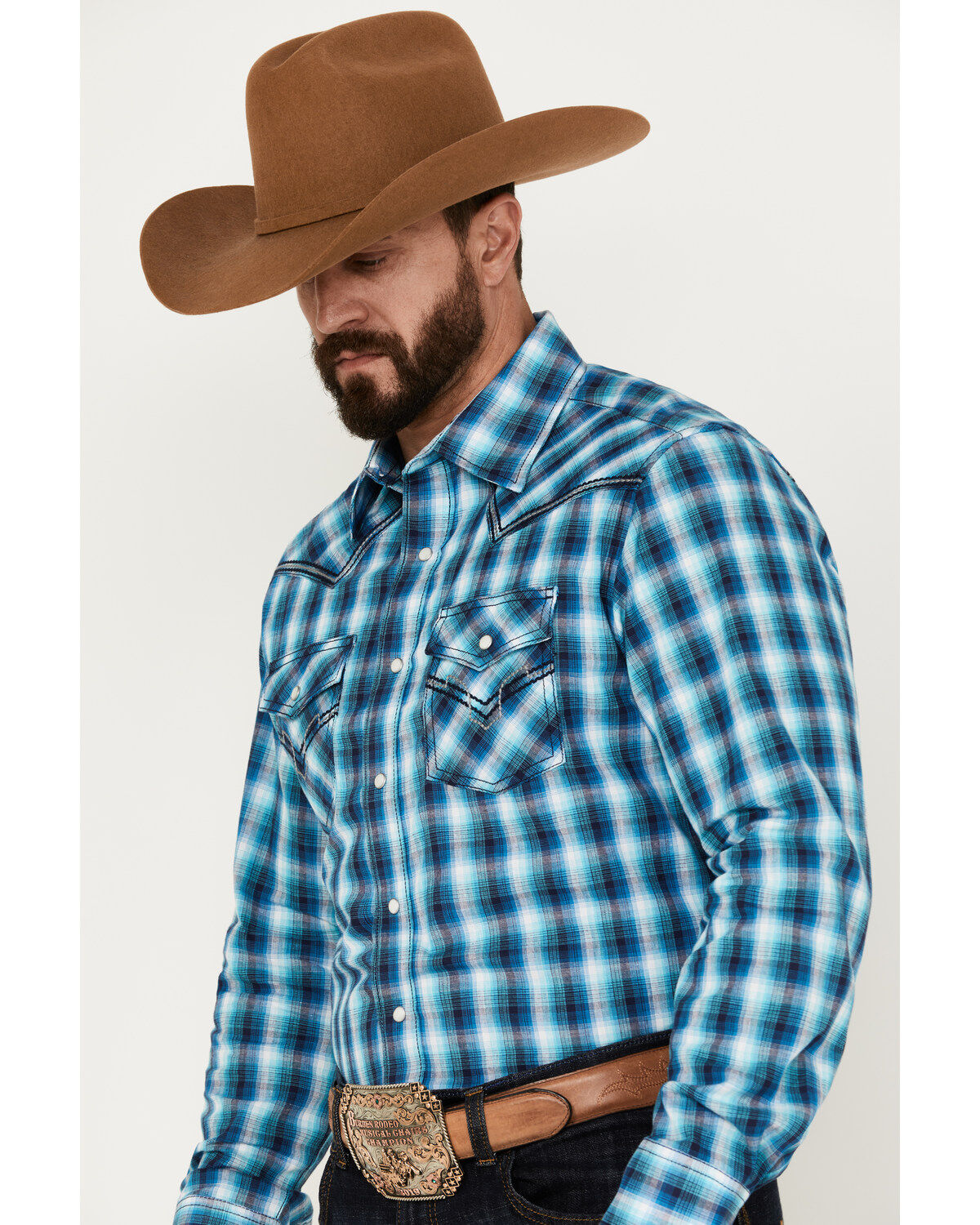 Rock 47 by Wrangler Men's Plaid Print Long Sleeve Western Snap Shirt
