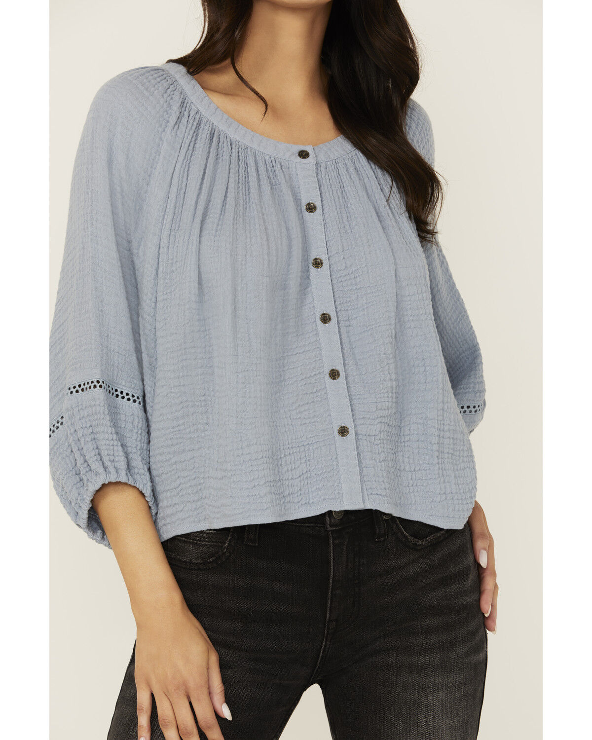 Cleo + Wolf Women's Brie Crochet Trim Long Sleeve Shirt