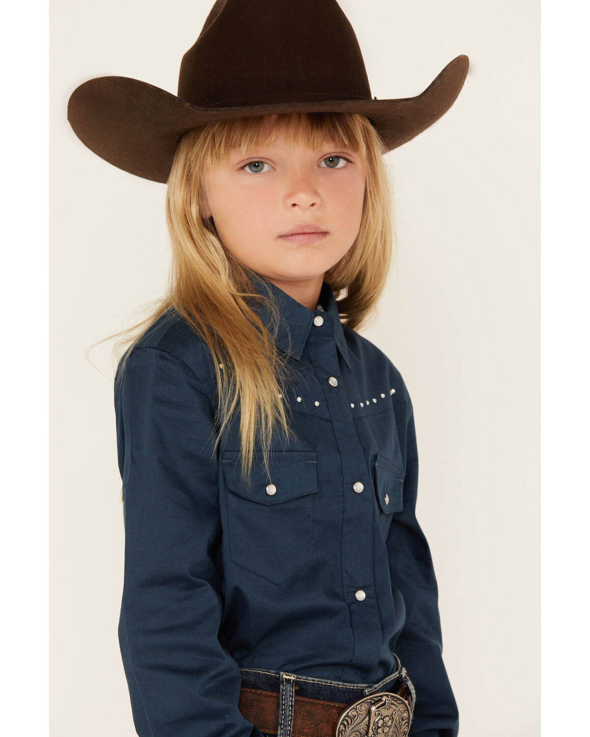 Shyanne Girls' Solid Rhinestone Long Sleeve Snap Stretch Western Shirt
