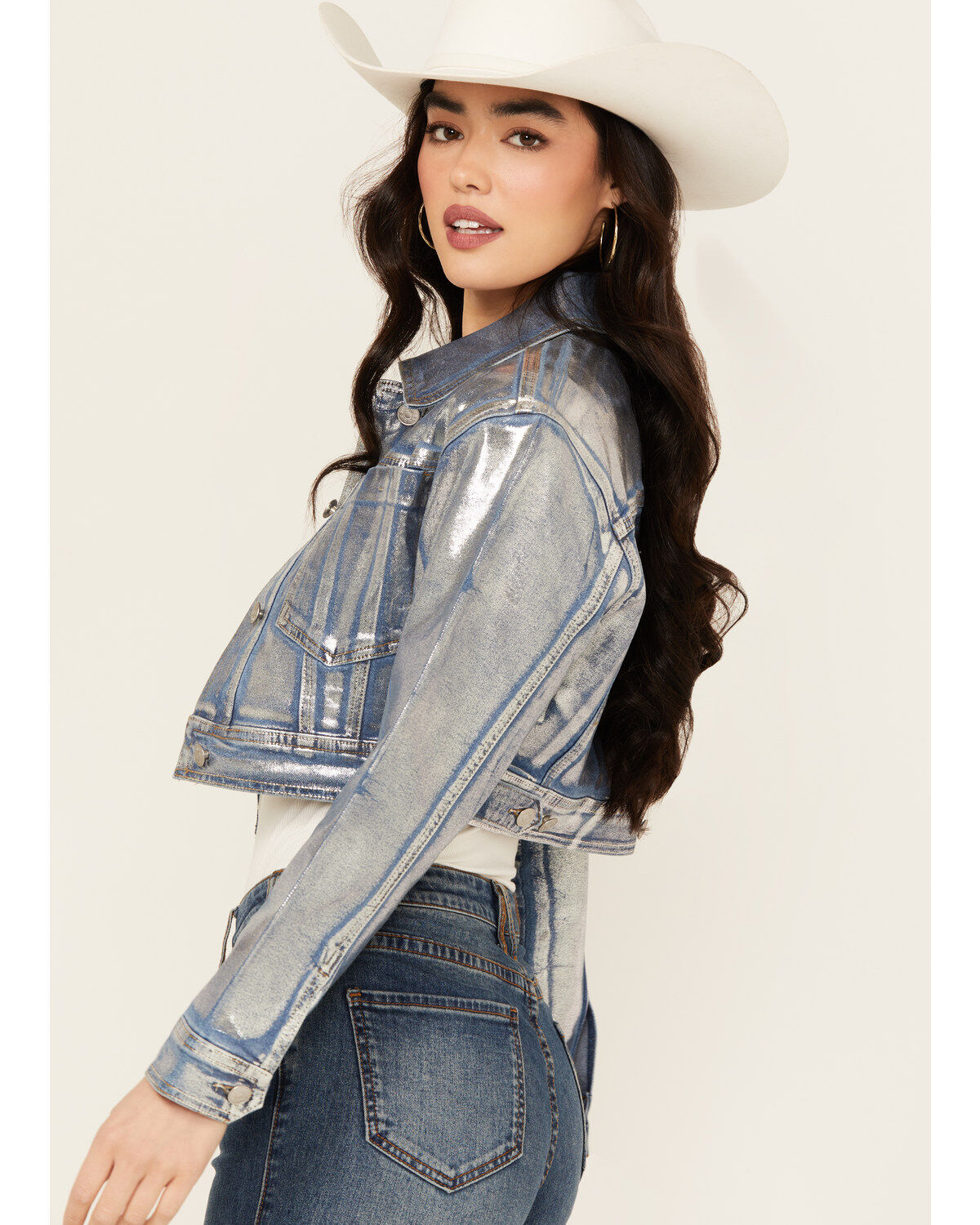 Vibrant Denim Women's Metallic Cropped Denim Jacket