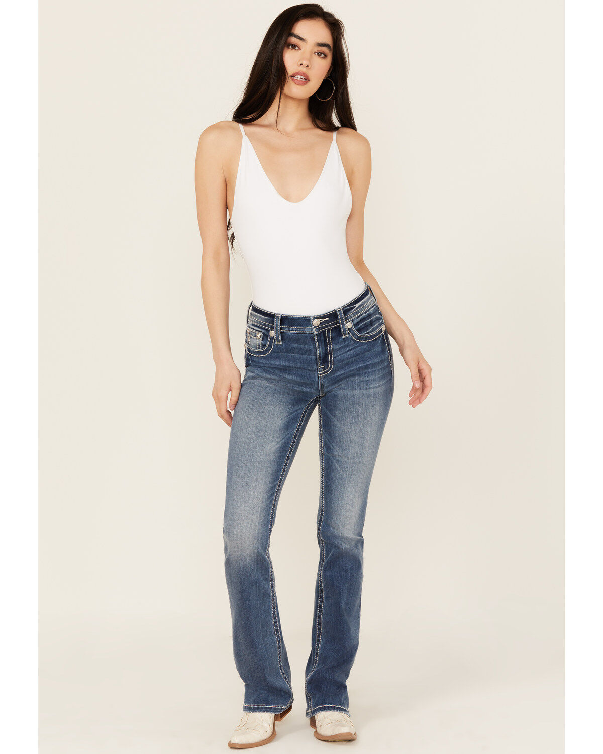 Miss Me Women's Medium Wash Mid Rise Wing Pocket Bootcut Stretch Denim Jeans