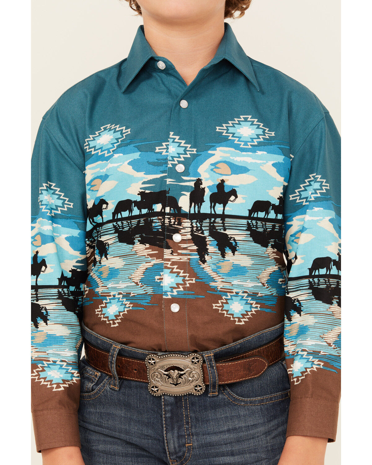 Panhandle Boys' Cowboy Border Print Long Sleeve Snap Western Shirt