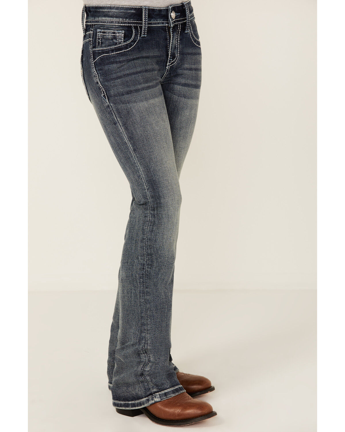 Grace in LA Girls' Medium Wash Embroidered Pocket Bootcut Stretch Denim Jeans