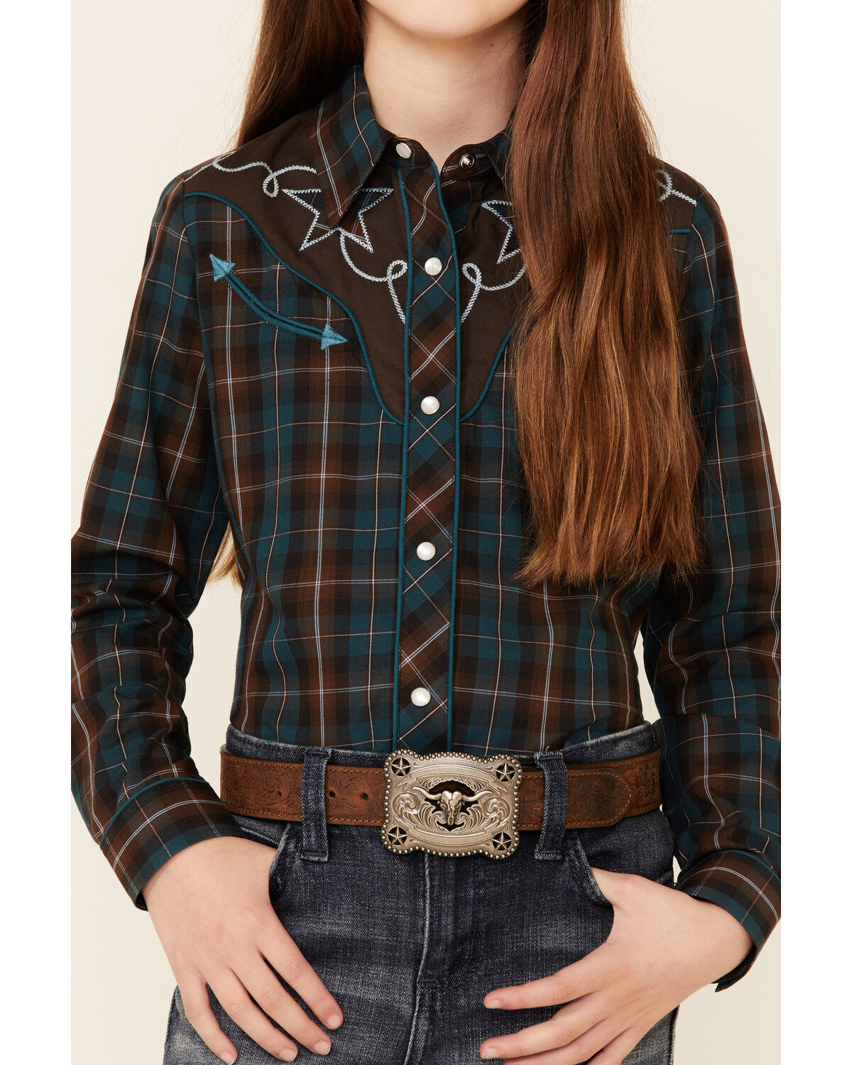 Roper Girls' Windowpane Plaid Print Fancy Yoke Long Sleeve Pearl Snap Western Shirt
