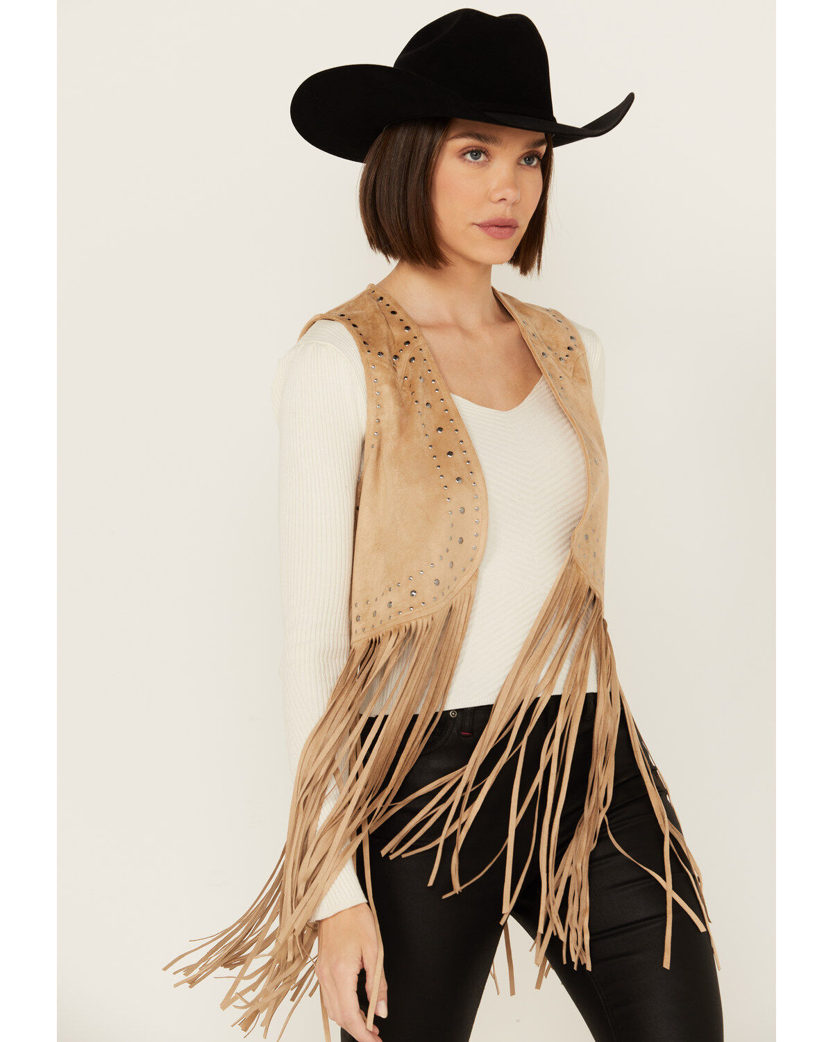 Rock & Roll Denim Women's Studded Fringe Sleeveless Vest