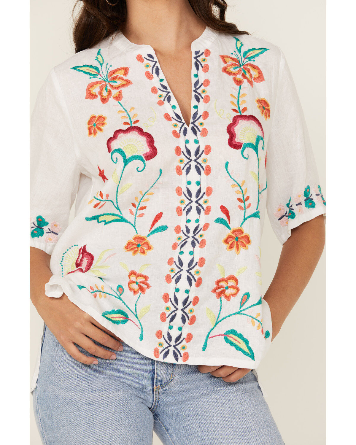Johnny Was Women's Floral Embroidered V Neck Top