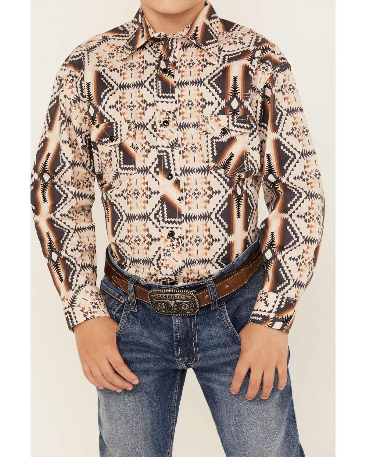 Rock & Roll Denim Boys' Southwestern Stripe Print Long Sleeve Snap Stretch Western Shirt