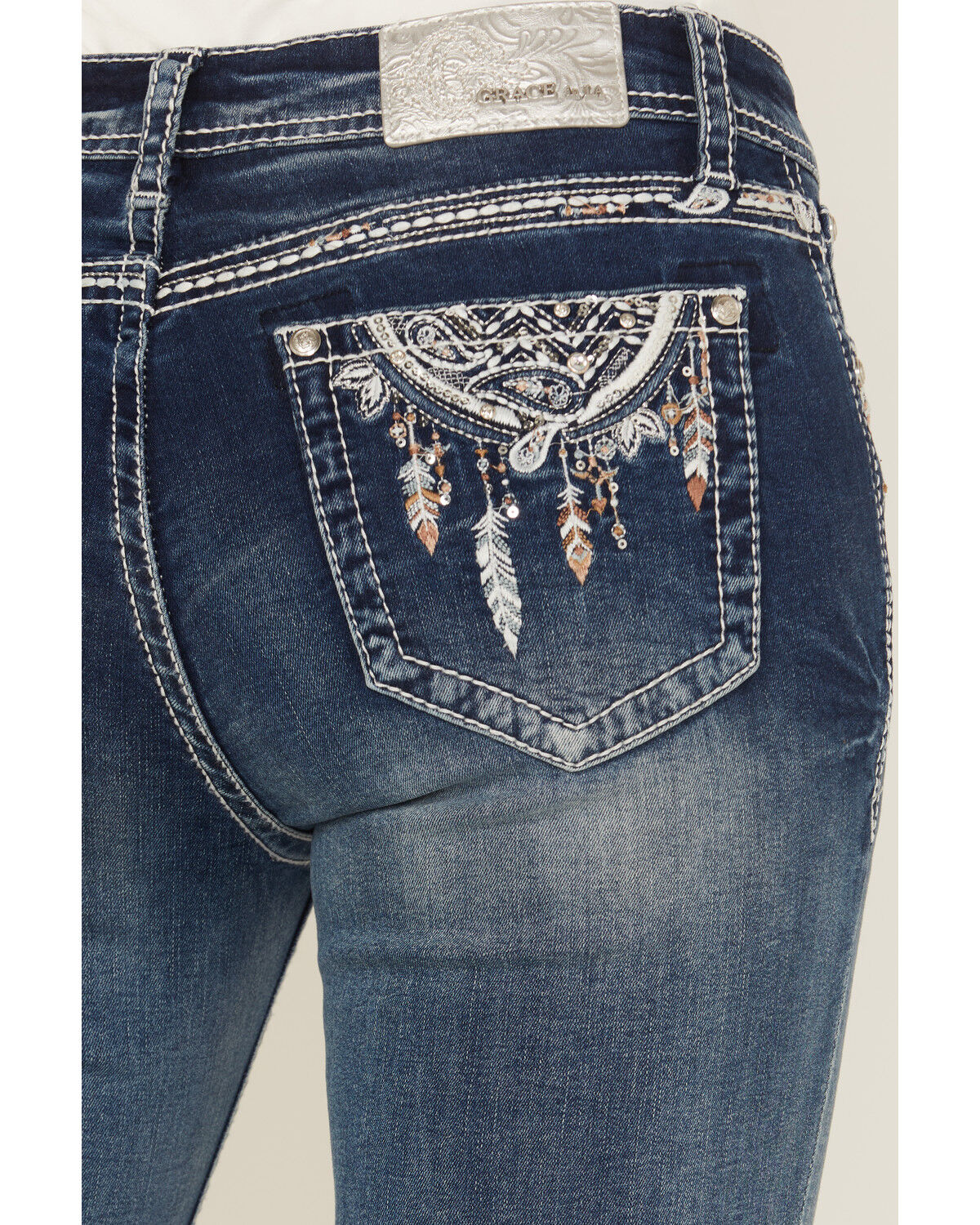 Grace in LA Women's Medium Wash Dream Catcher Embroidered Mid Rise Bootcut Stretch Denim Jeans