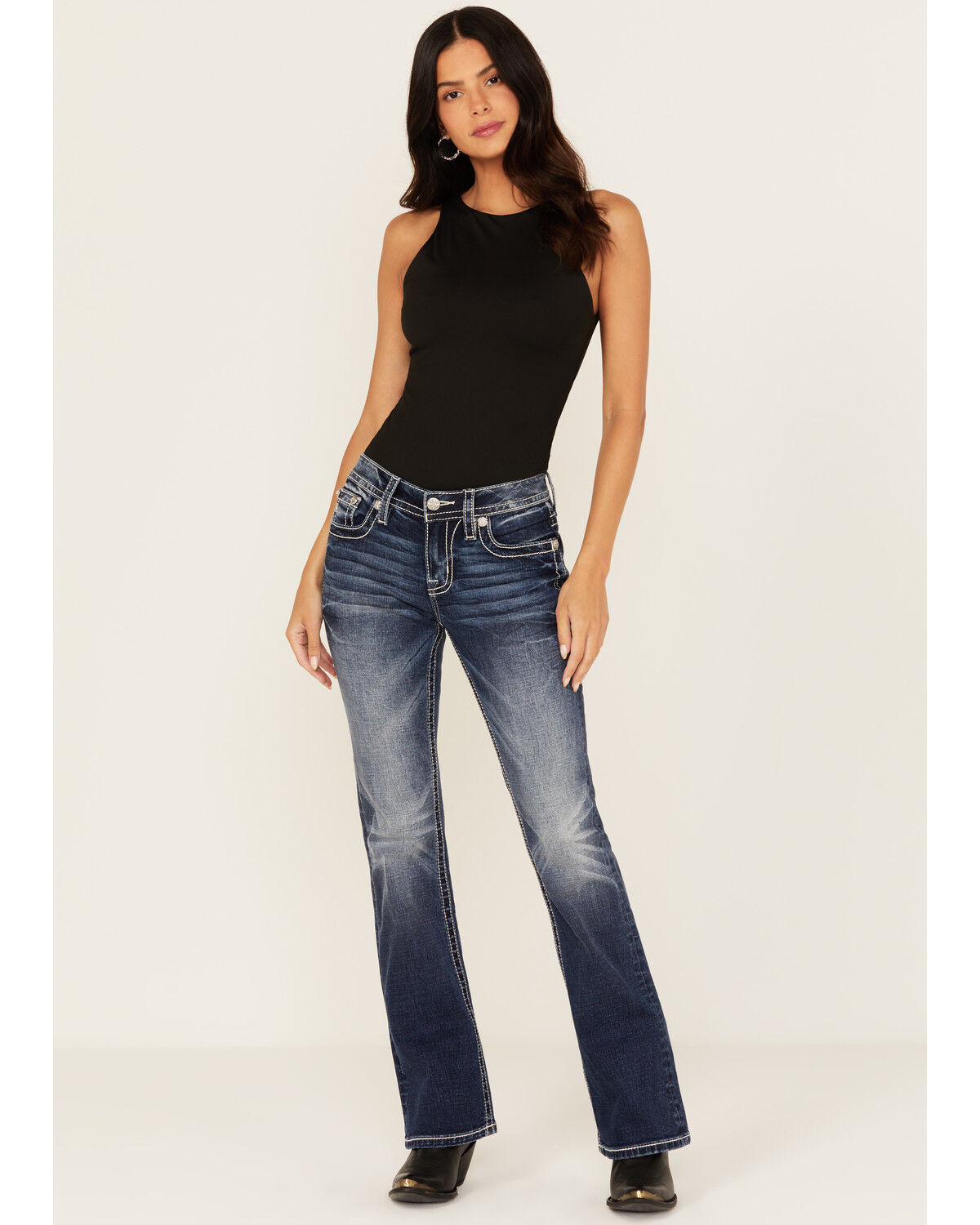 Miss Me Women's Dark Wash Mid Rise Steer Head Pocket Bootcut Stretch Denim Jeans