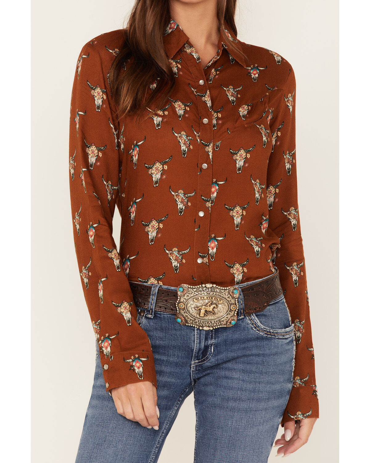 Roper Women's Steer Head Skull Print Long Sleeve Pearl Snap Western Shirt