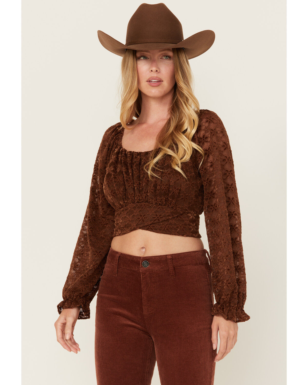 Beyond The Radar Women's Floral Lace Long Sleeve Tie Back Cropped Shirt