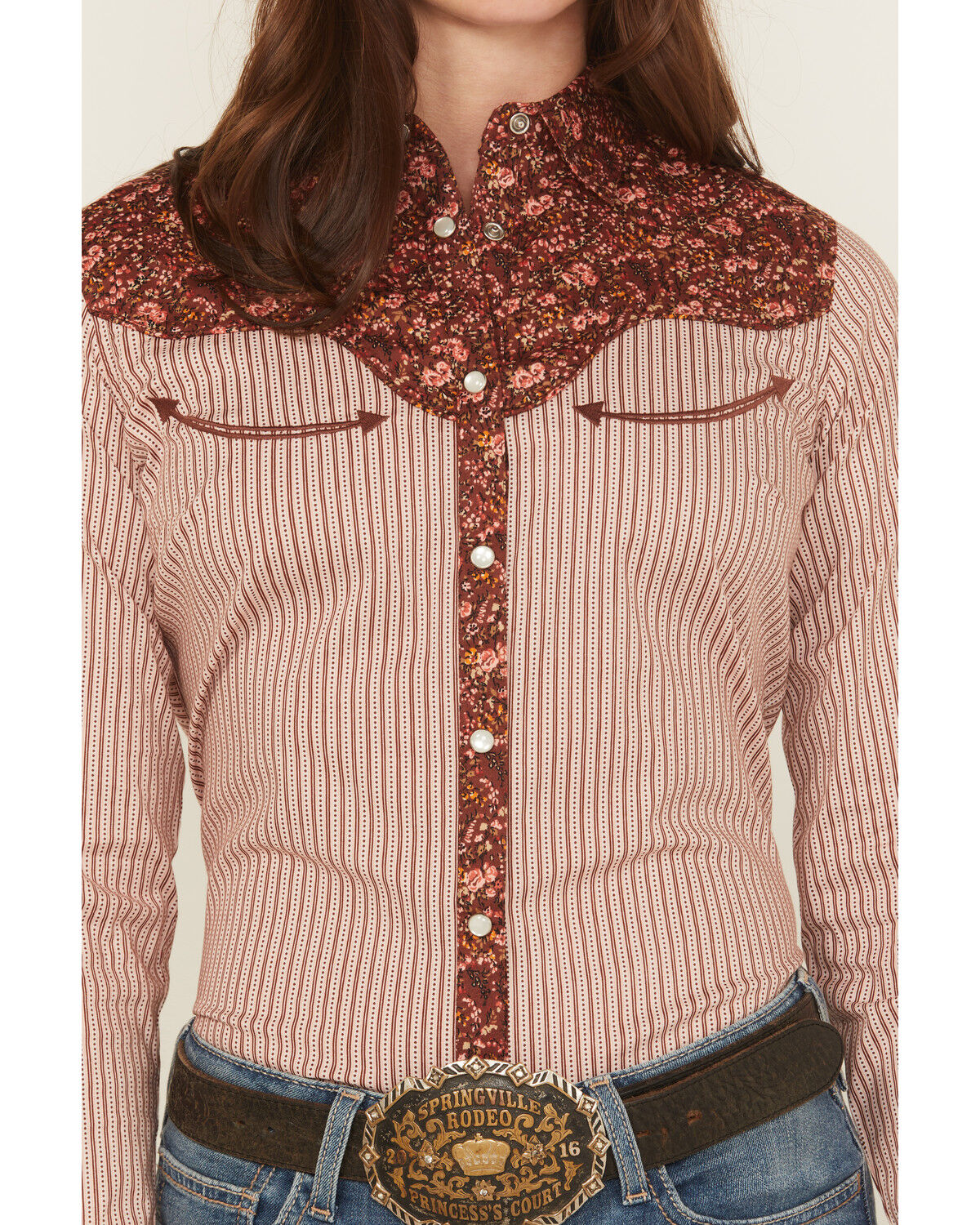 Shyanne Women's Striped And Floral Print Long Sleeve Snap Stretch Western Shirt