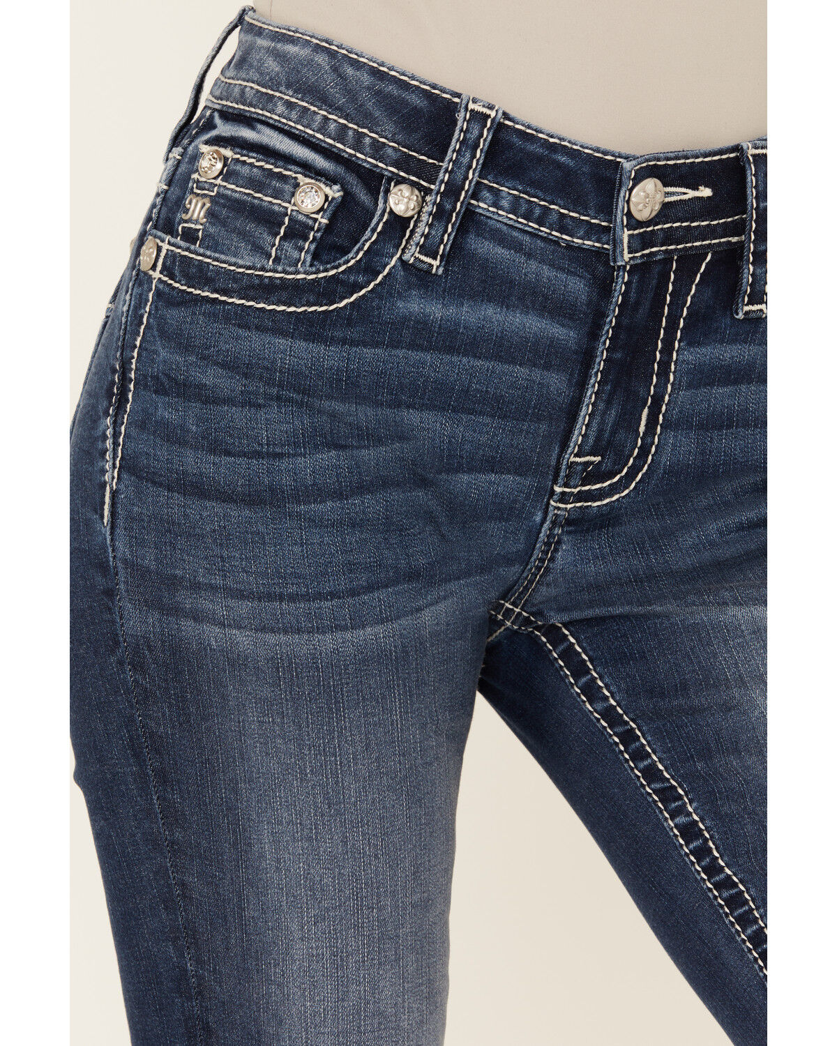 Miss Me Women's Dark Wash Mid Rise Winged Pocket Bootcut Stretch Denim Jeans