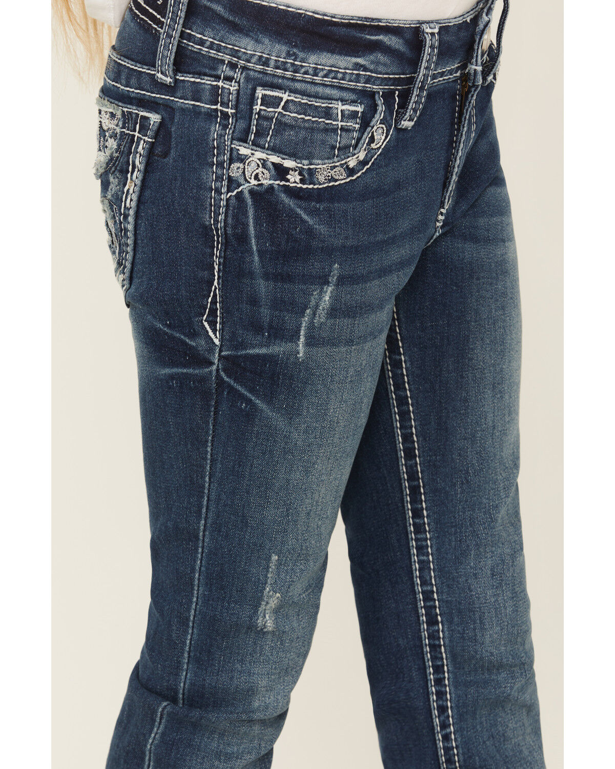 Grace In LA Girls' Paisley Embroidered Medium Wash Bootcut Stretch Denim Jeans