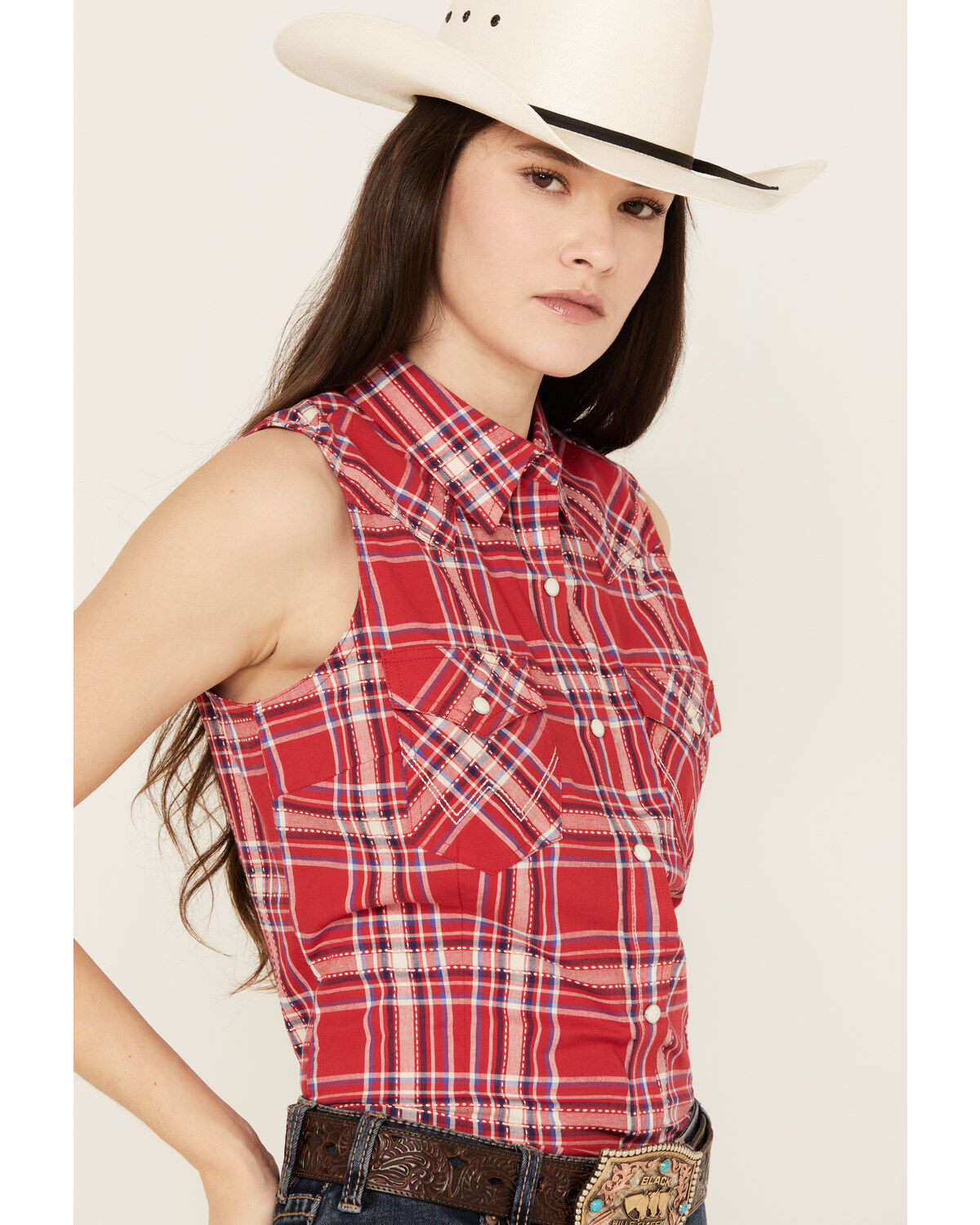 Wrangler Women's Sleeveless Plaid Print Snap Western Shirt