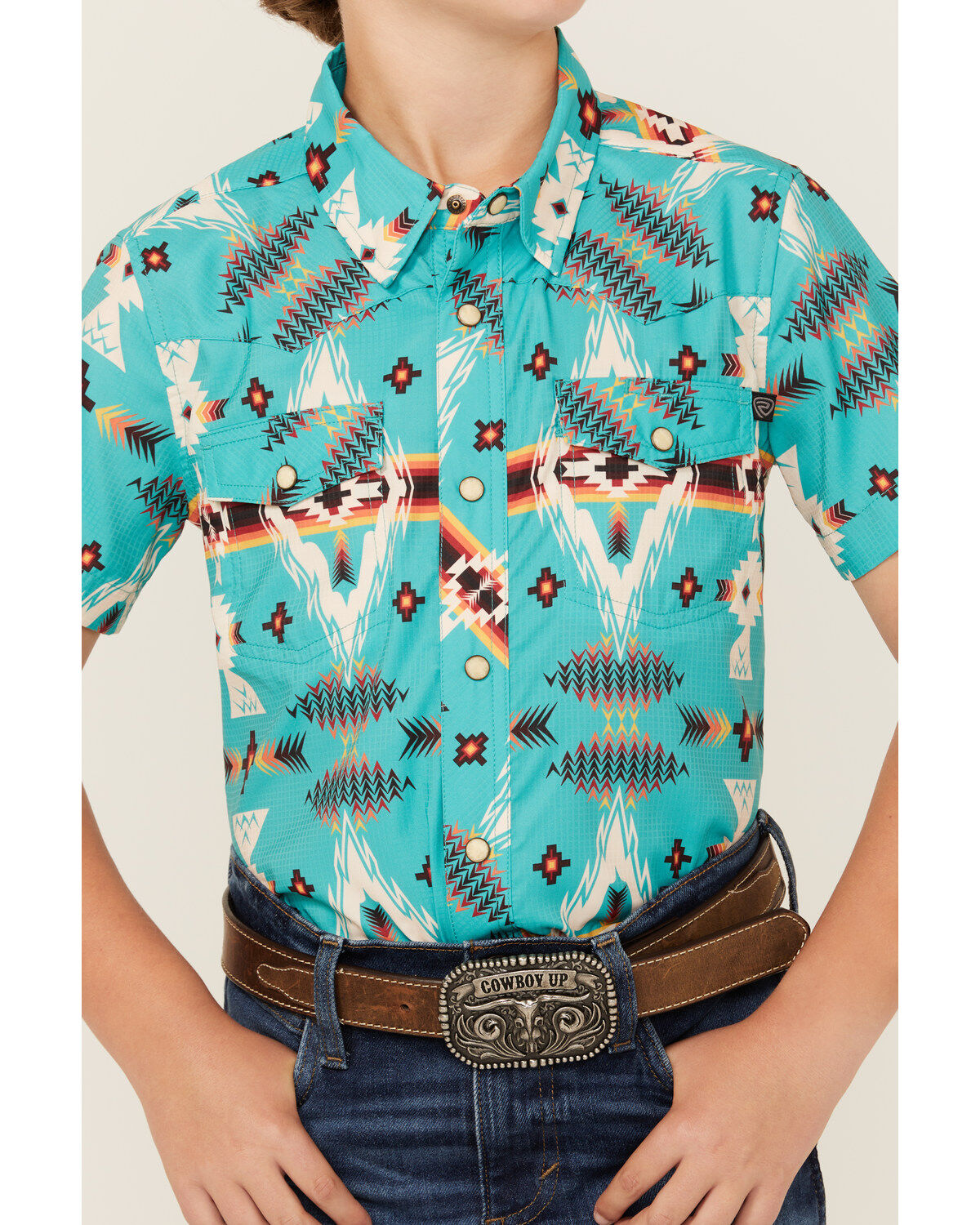 Rock & Roll Denim Boys' Tek Southwestern Print Short Sleeve Snap Western Shirt