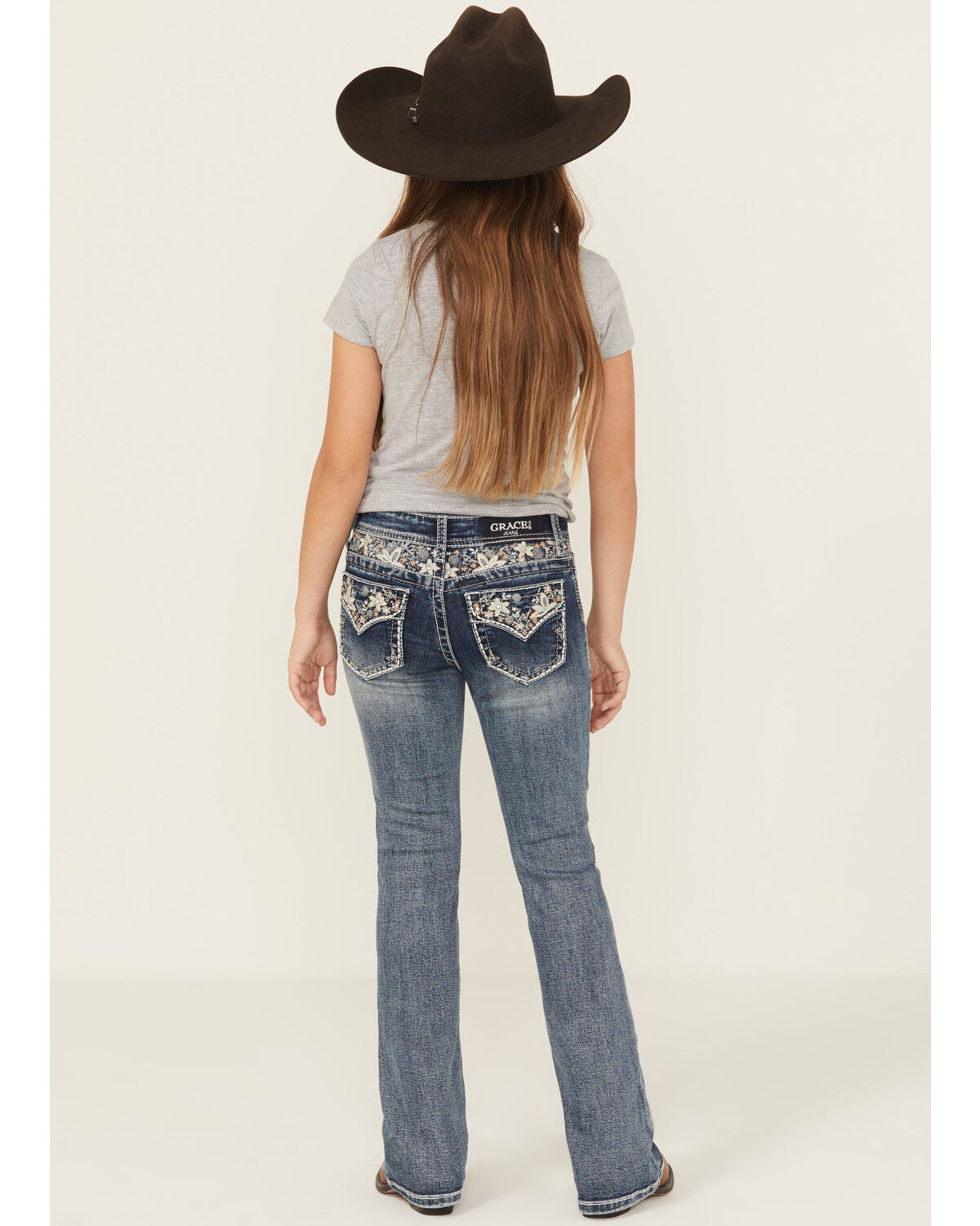 Grace In LA Girls' Medium Wash Floral Embroidered Faux Flap Pocket Bootcut Stretch Denim Jeans