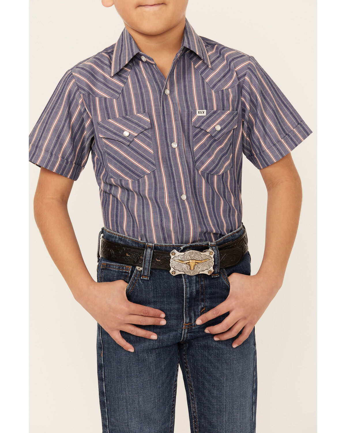 Ely Walker Boys' Dobby Striped Short Sleeve Pearl Snap Western Shirt