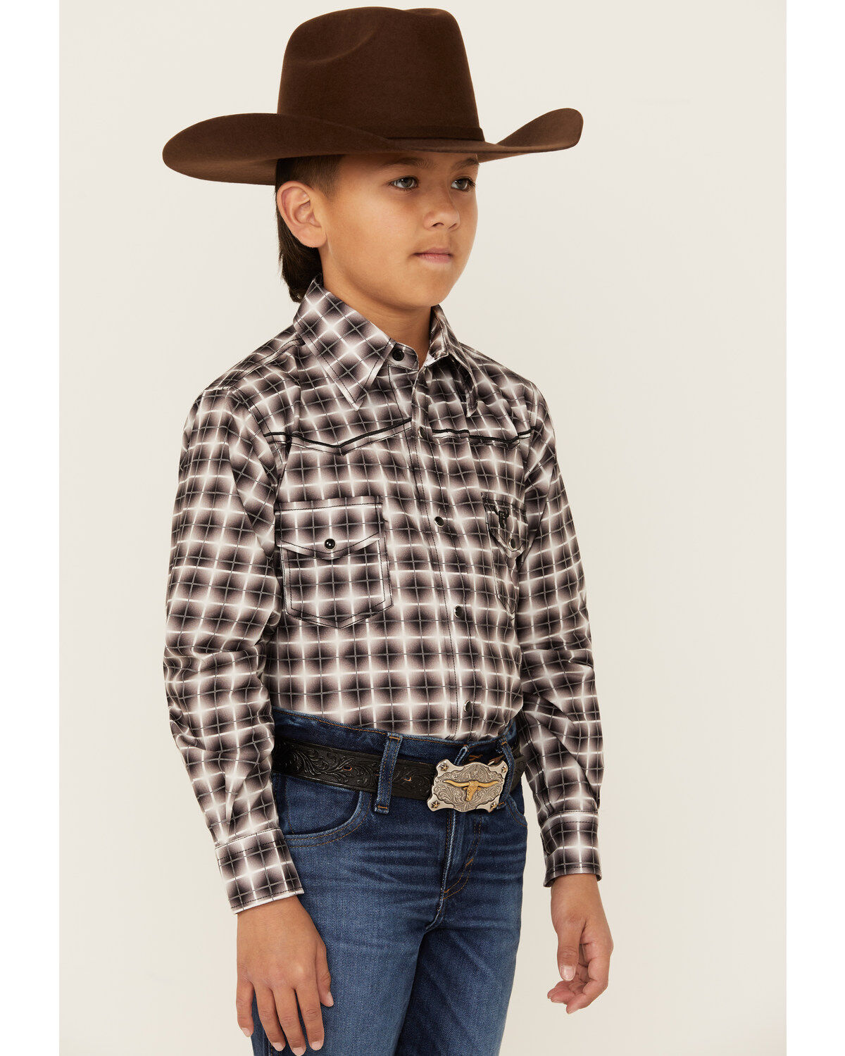 Cowboy Hardware Boys' Plaid Print Long Sleeve Snap Stretch Western Shirt