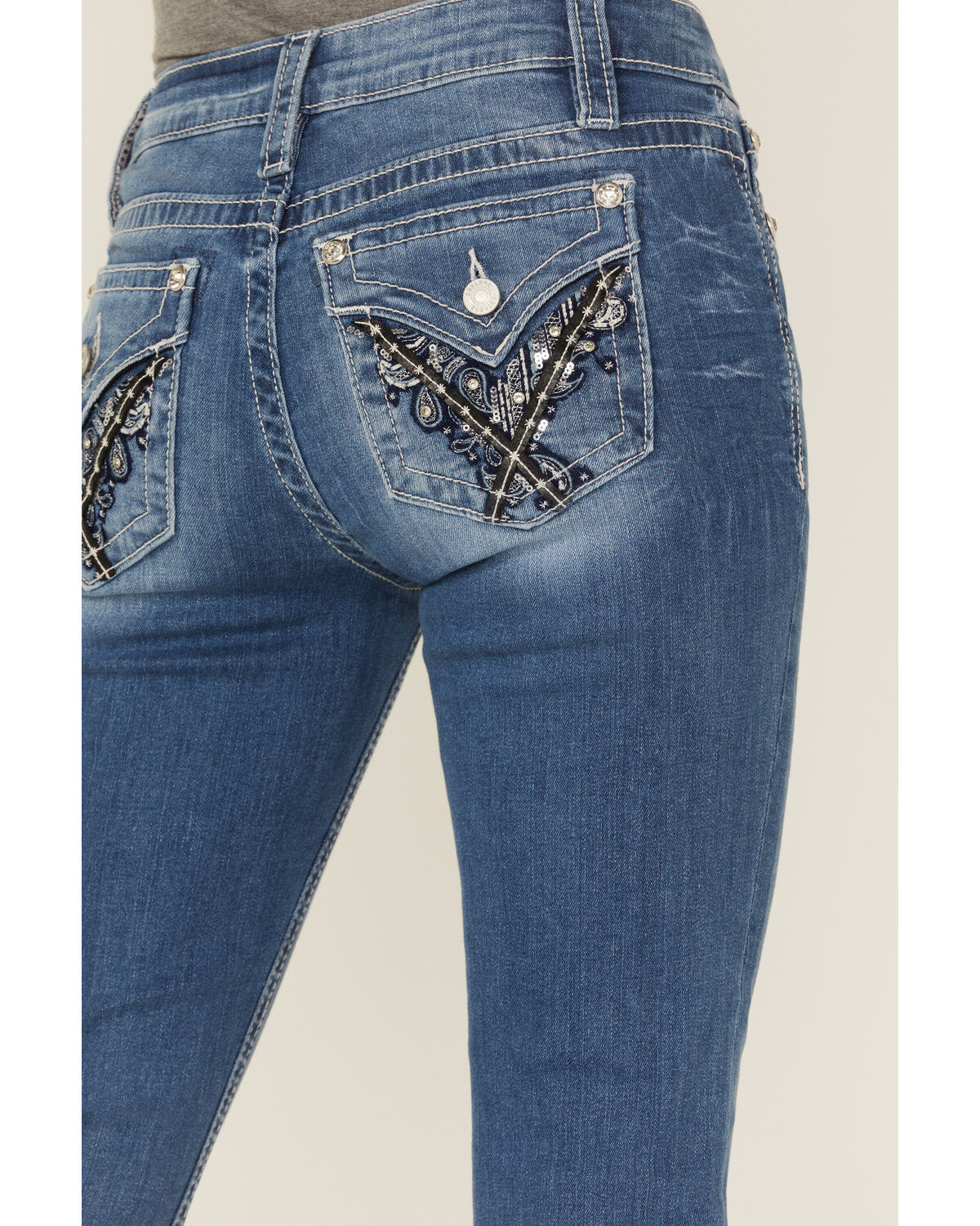 Shyanne Mid Rise Medium Wash Bootcut Paisley Faux Flap Stretch Denim Jeans