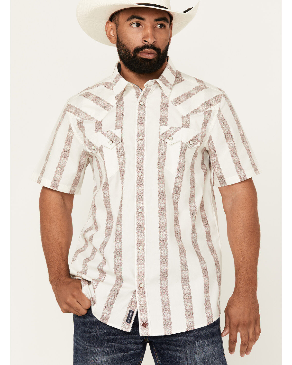 Moonshine Spirit Men's Paradise Southwestern Striped Print Short Sleeve Snap Western Shirt