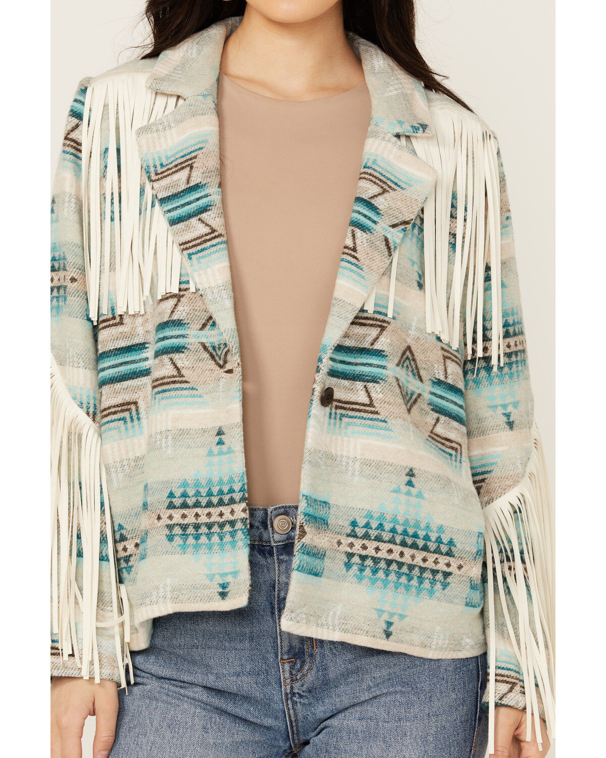 Rock & Roll Denim Women's Southwestern Print Fringe Jacket