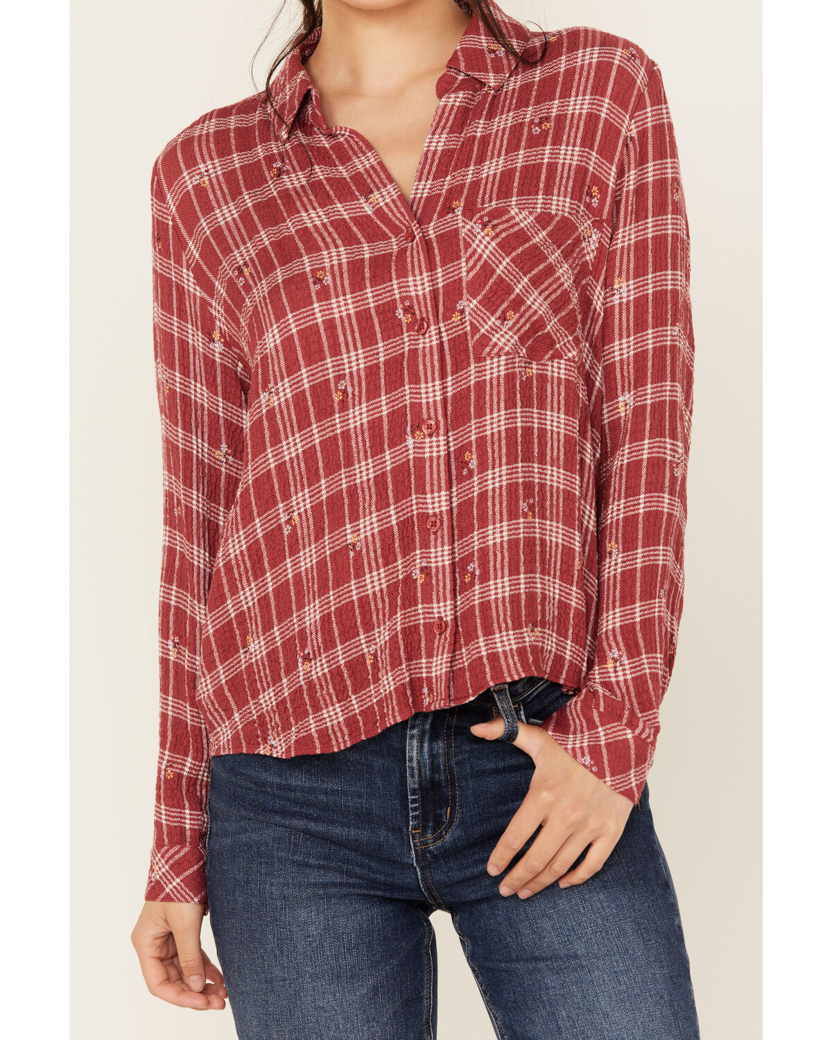 Beyond The Radar Women's Plaid Print Floral Long Sleeve Button-Down Shirt