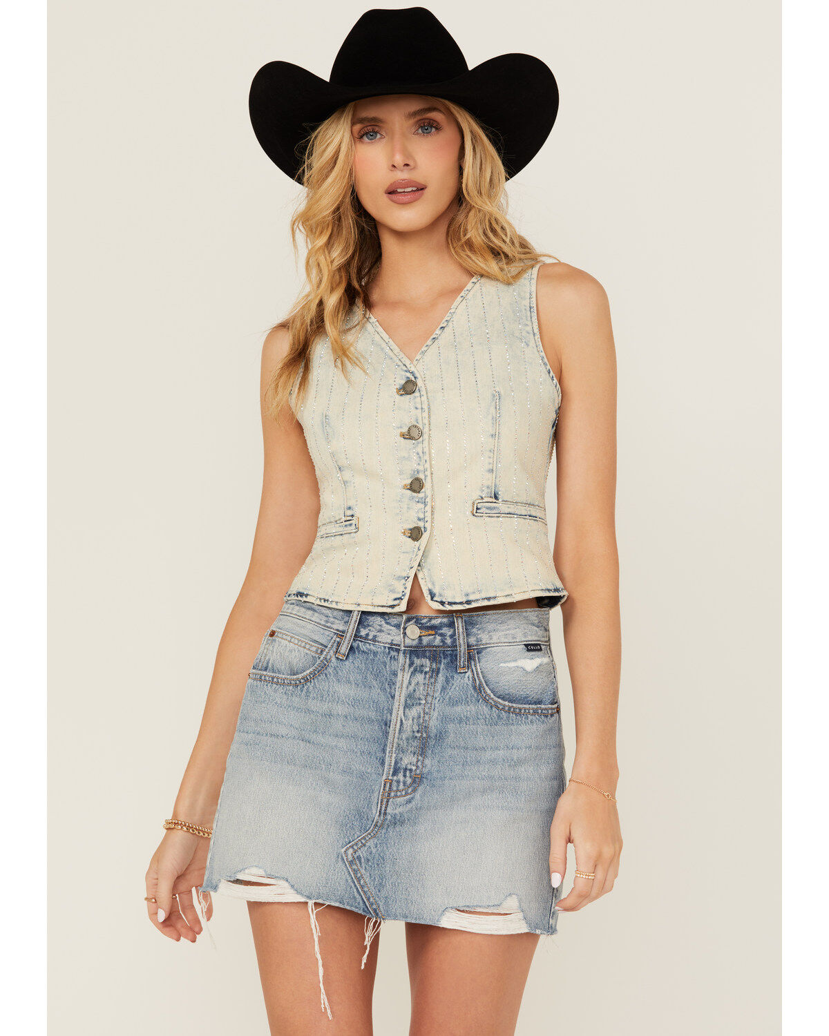 Veveret Women's Acid Wash Rhinestone Vest