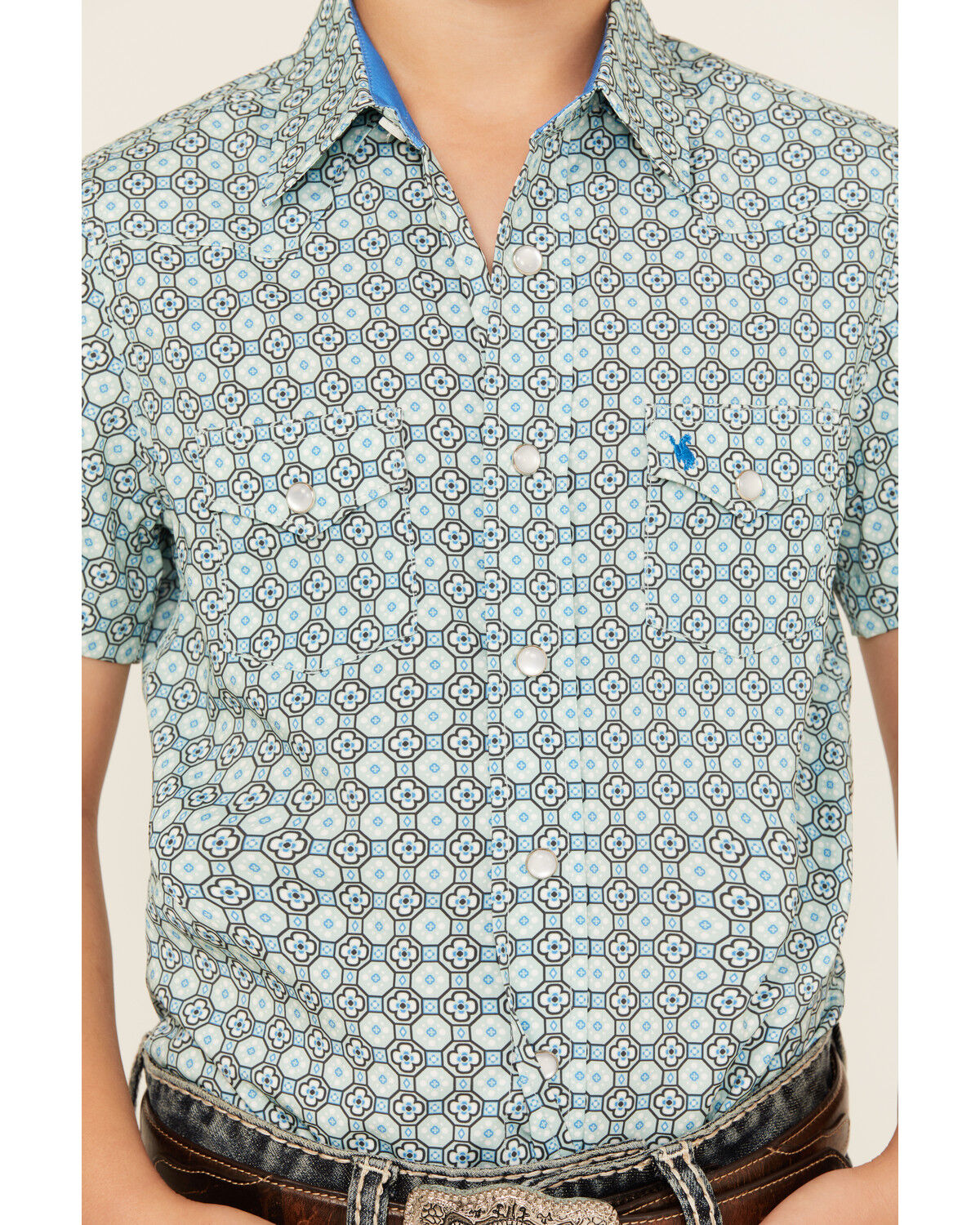 Rodeo Clothing Boys' Medallion Print Short Sleeve Pearl Snap Western Shirt