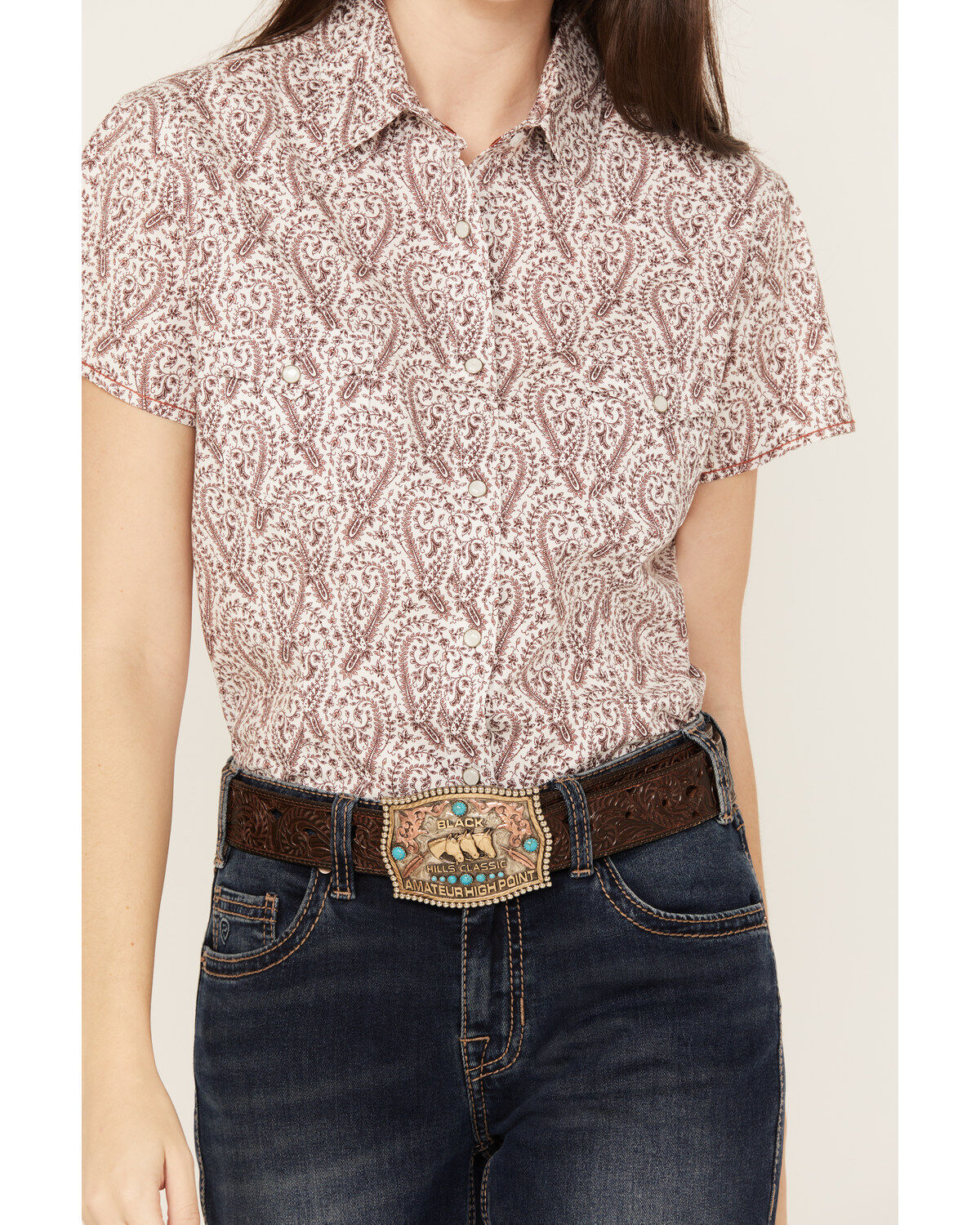 Rough Stock by Panhandle Women's Paisley Print Stretch Short Sleeve Western Snap Shirt
