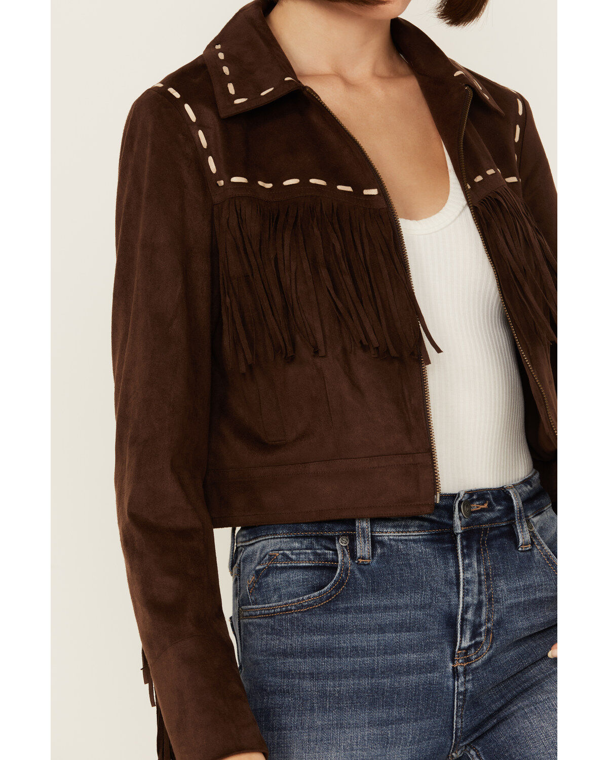 Shyanne Women's Faux Suede Contrast Stitch Fringe Jacket