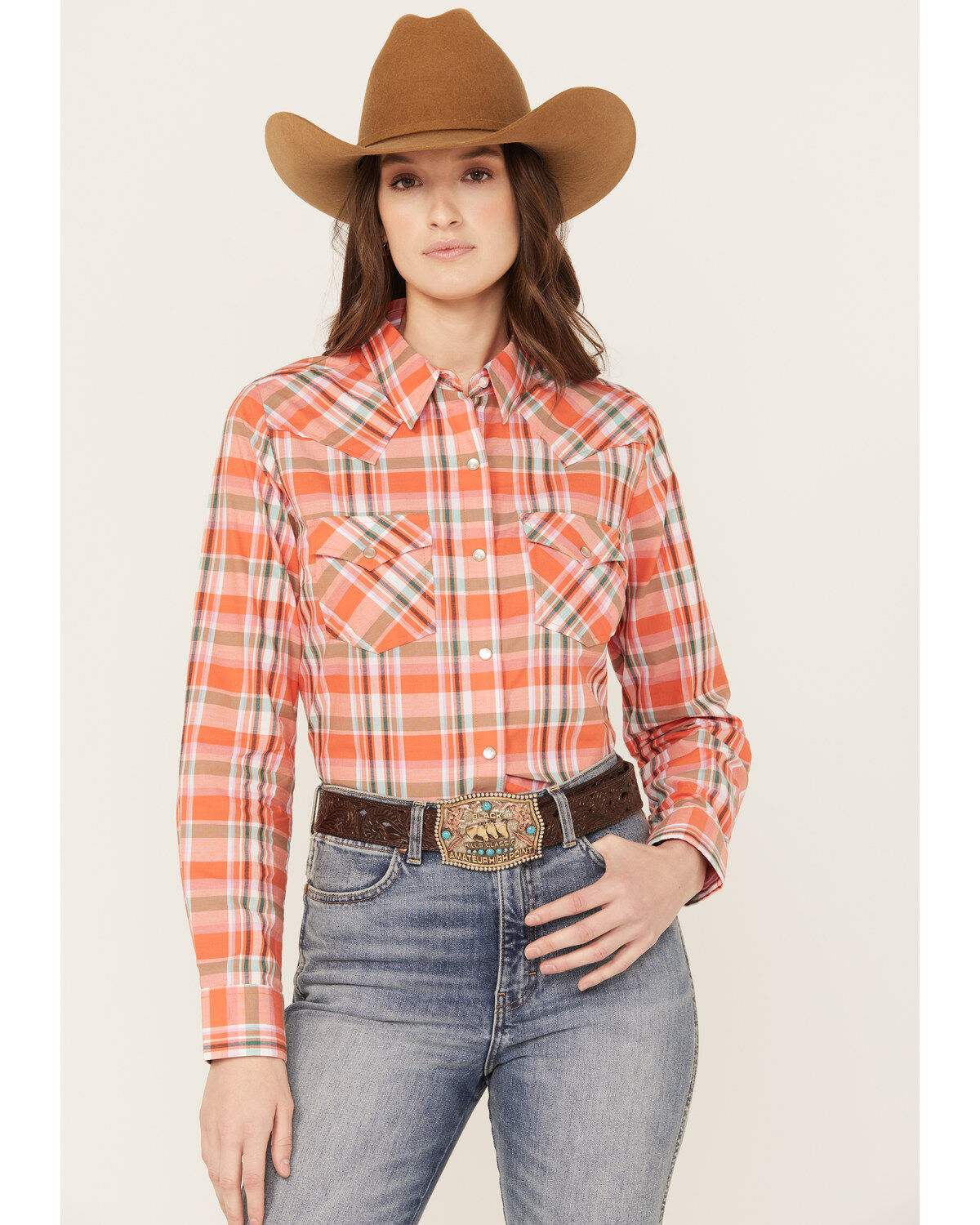Wrangler Women's Plaid Print Long Sleeve Western Pearl Snap Shirt