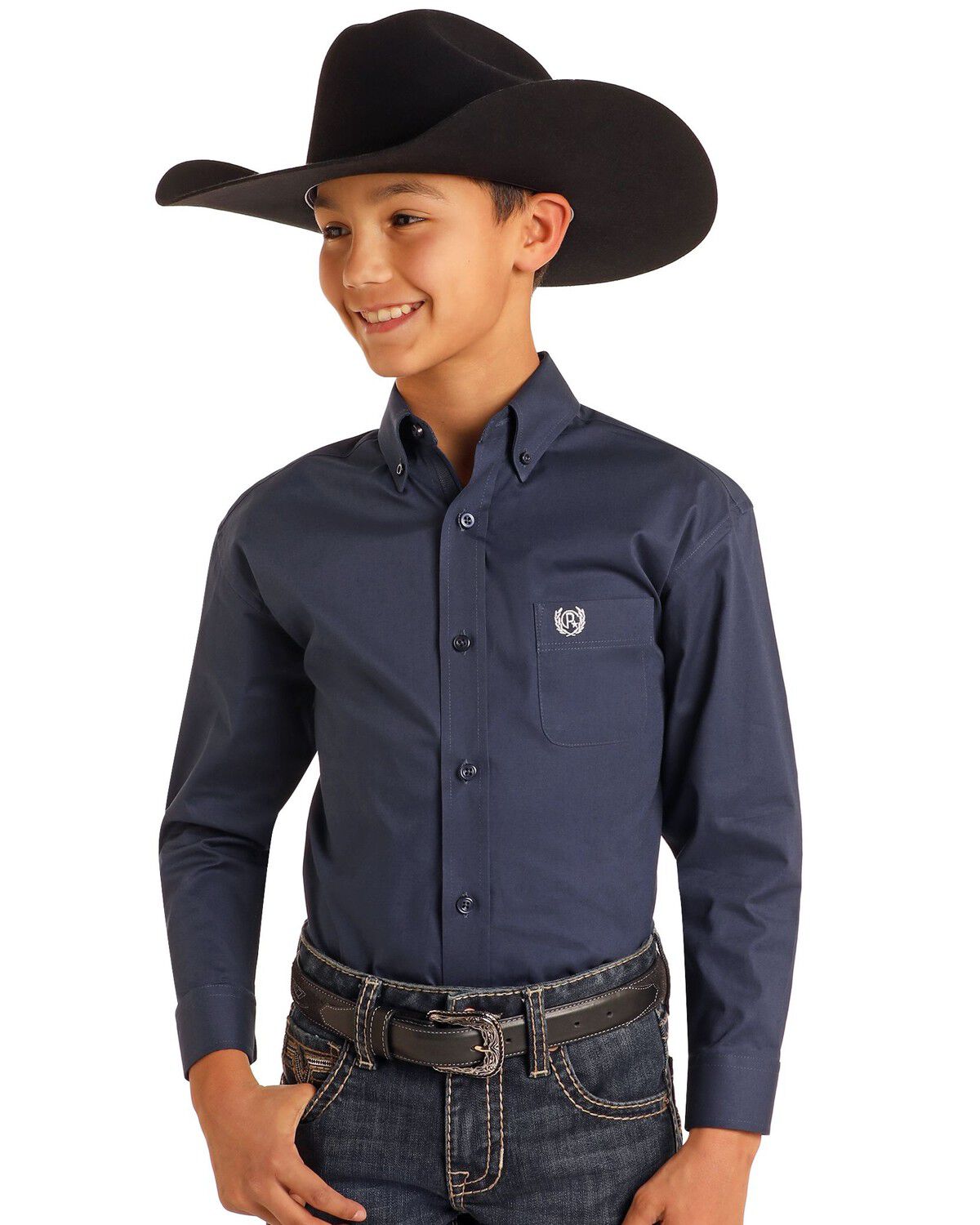Panhandle Select Boys' Solid Long Sleeve Button-Down Stretch Western Shirt