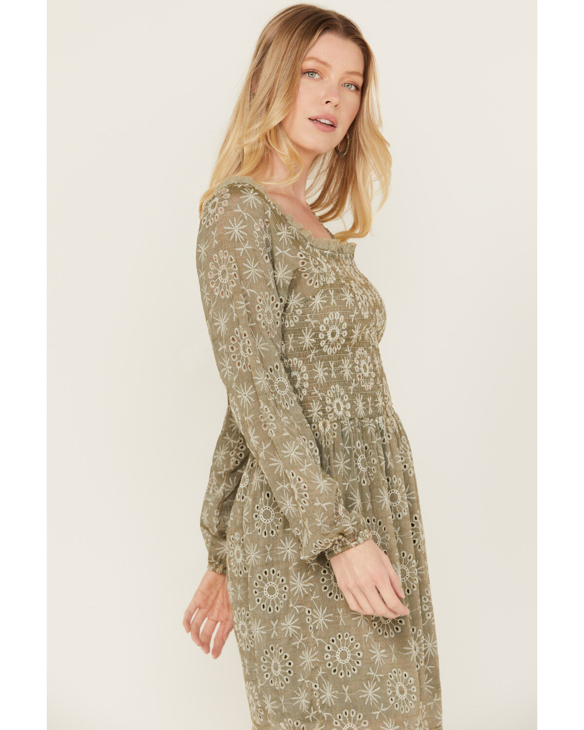 Wild Moss Women's Mineral Wash Smocked Long Sleeve Mini Dress
