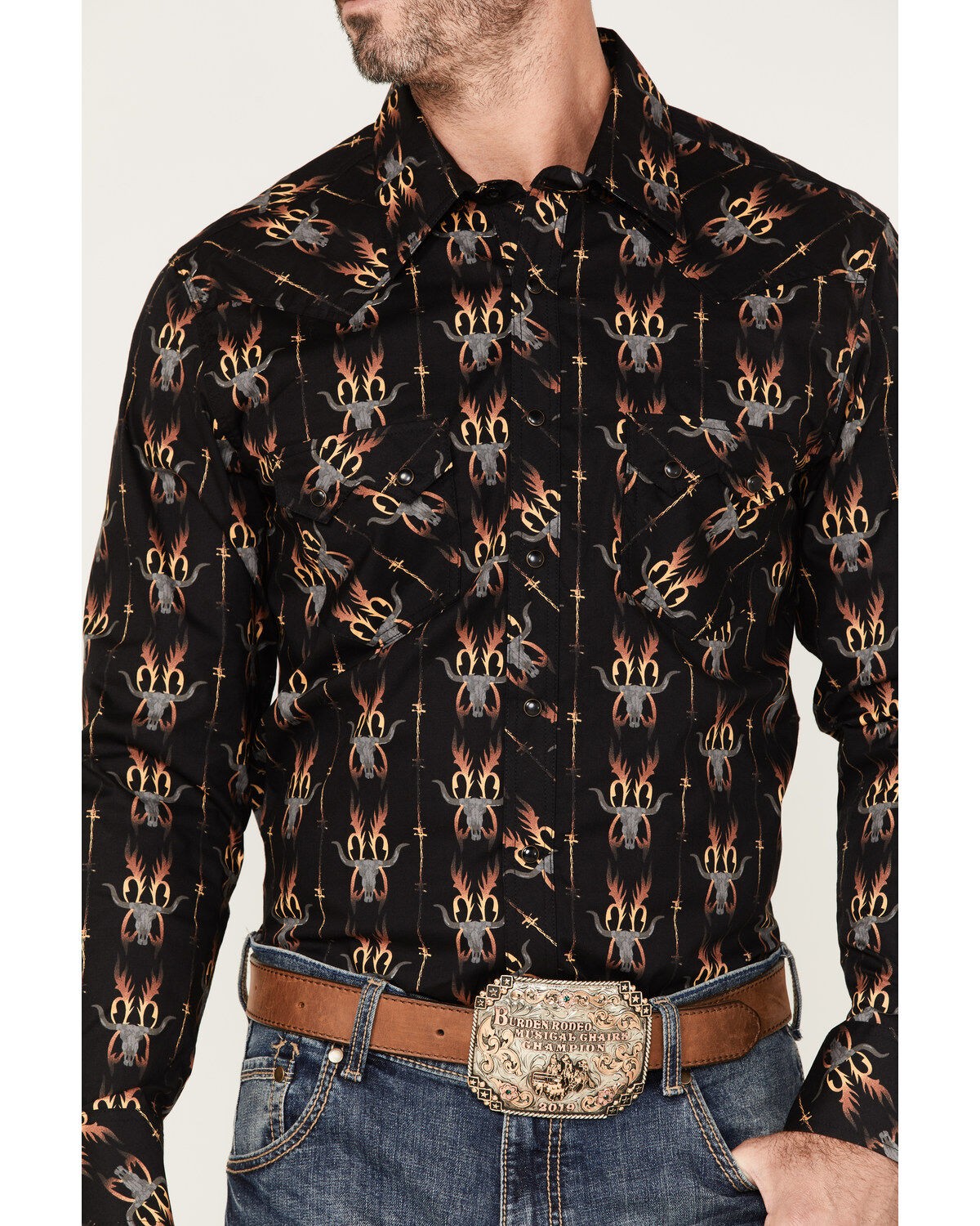 Dale Brisby Men's Stretch Antler Bull Skull Print Western Shirt