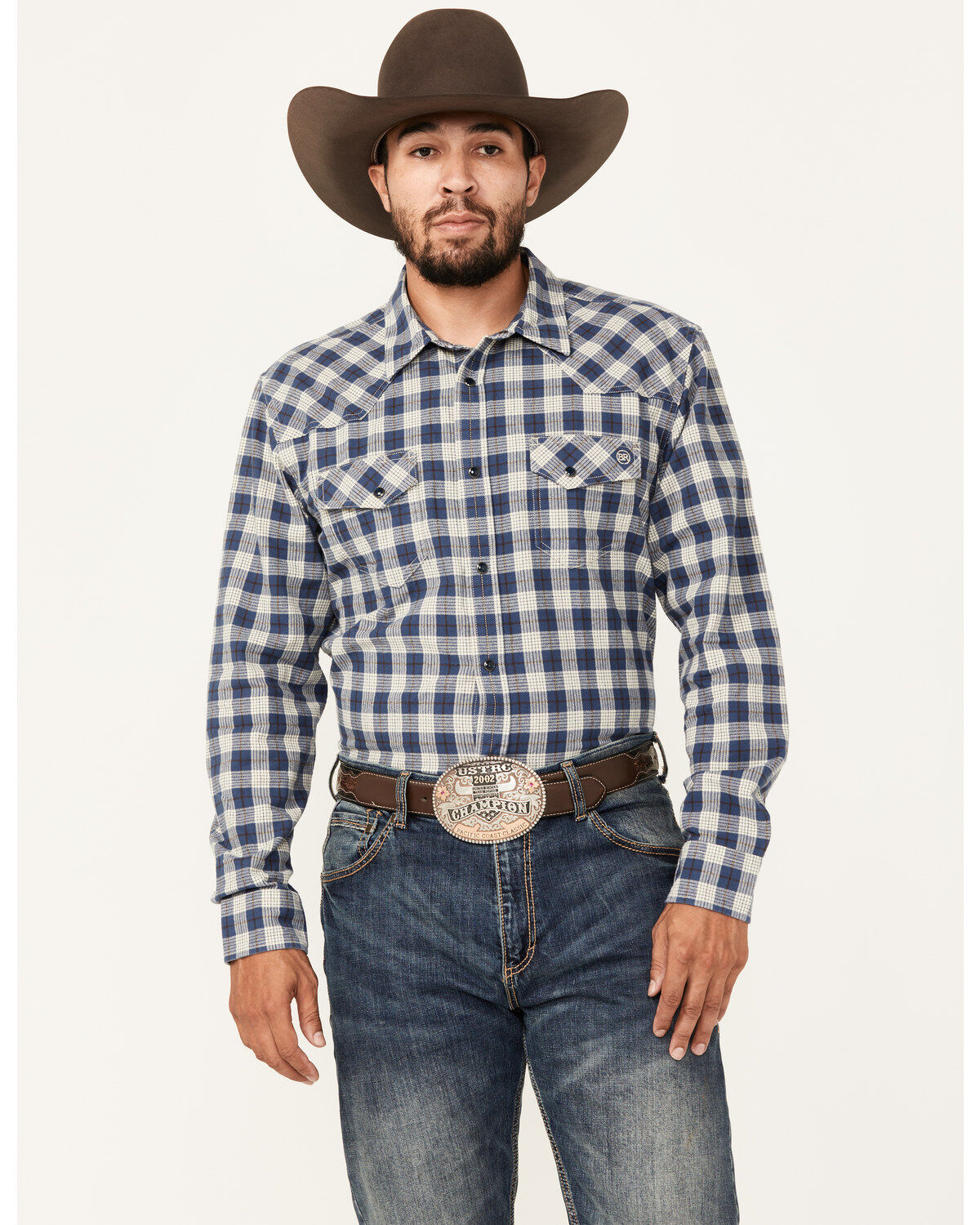 Blue Ranchwear Men's Crossville Herringbone Checkered Print Long Sleeve Snap Work Shirt