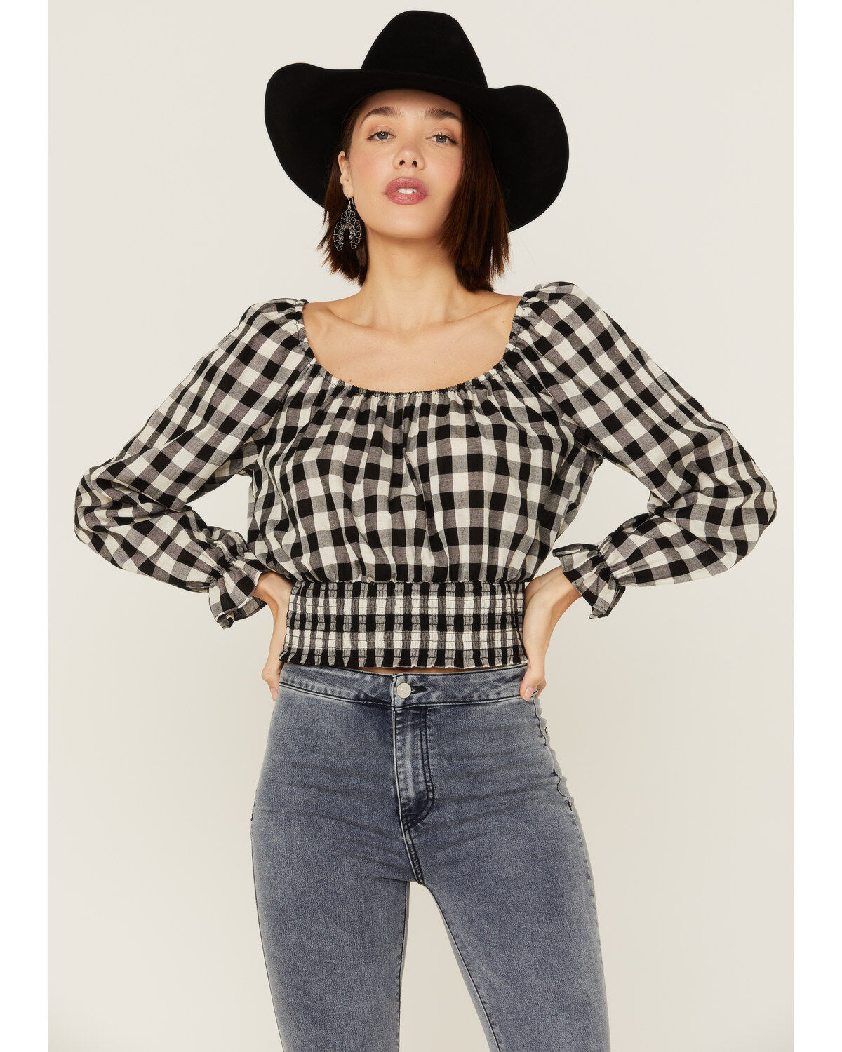 Beyond The Radar Women's Gingham Tie Back Smocked Blouse