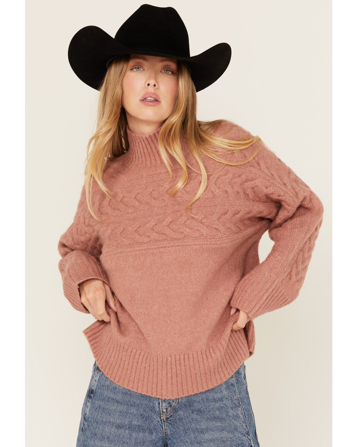Cleo + Wolf Women's Mock Neck Pullover Cable Knit Sweater