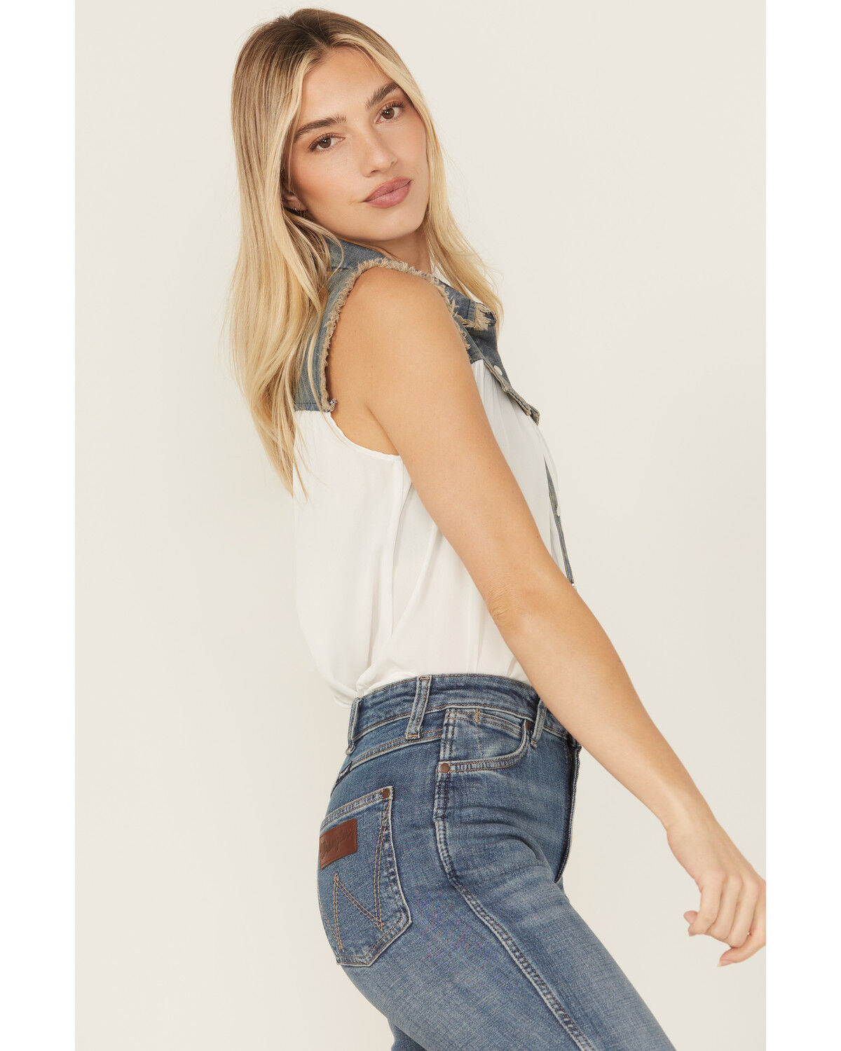 Cowgirl Hardware Women's Sleeveless Denim Chiffon Blouse