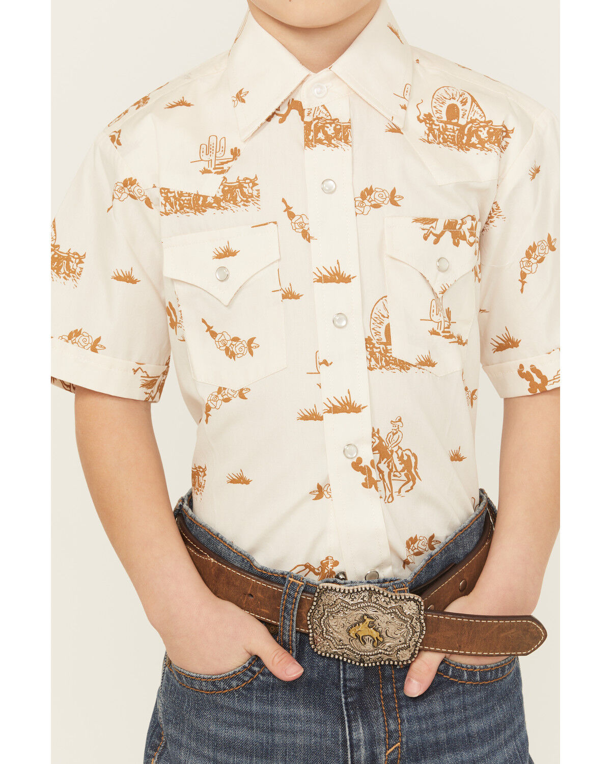 Ely Walker Boys' Conversation Print Short Sleeve Pearl Snap Western Shirt