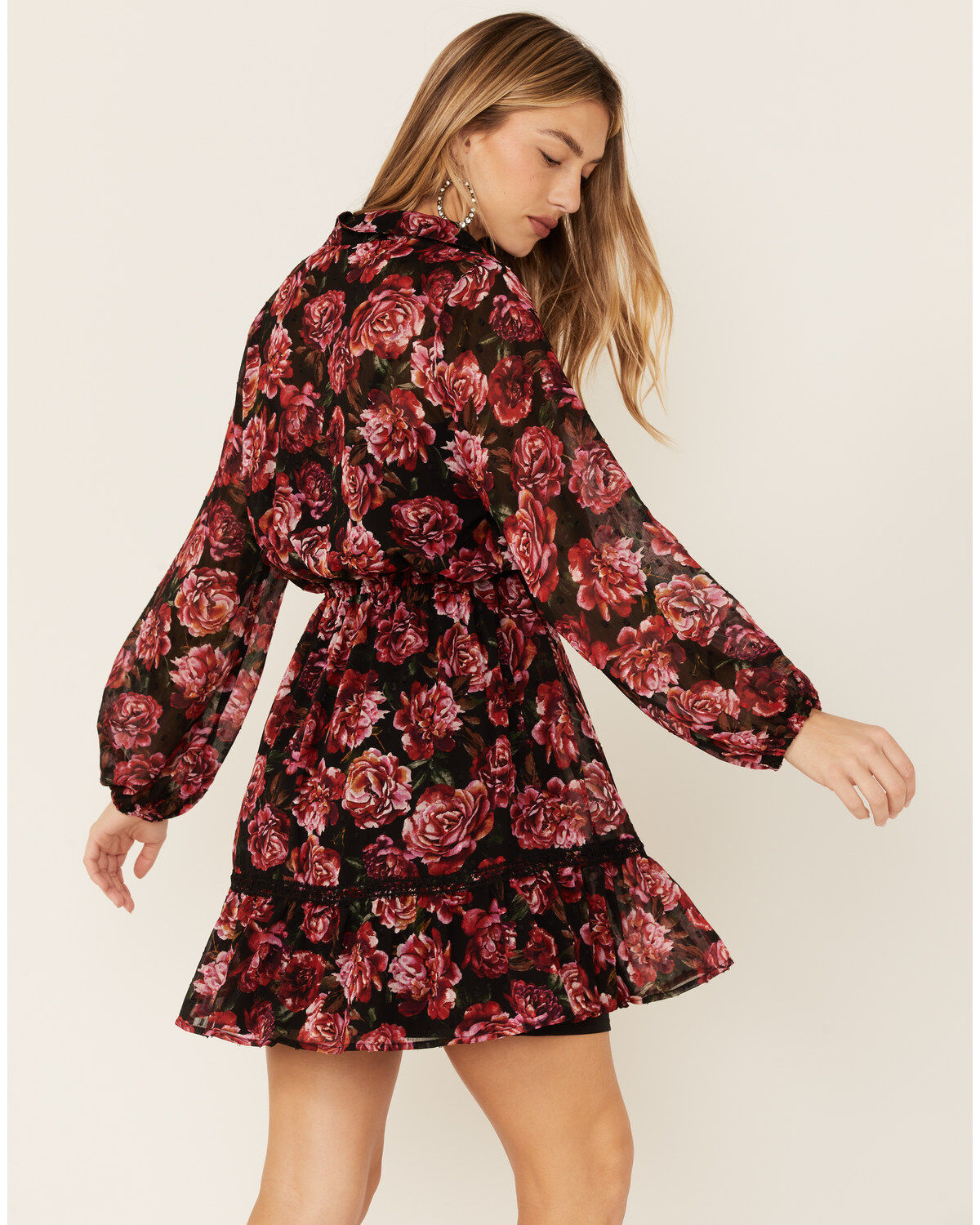 Lovestitch Women's Magenta Floral Floral Lace Trim Mini Dress